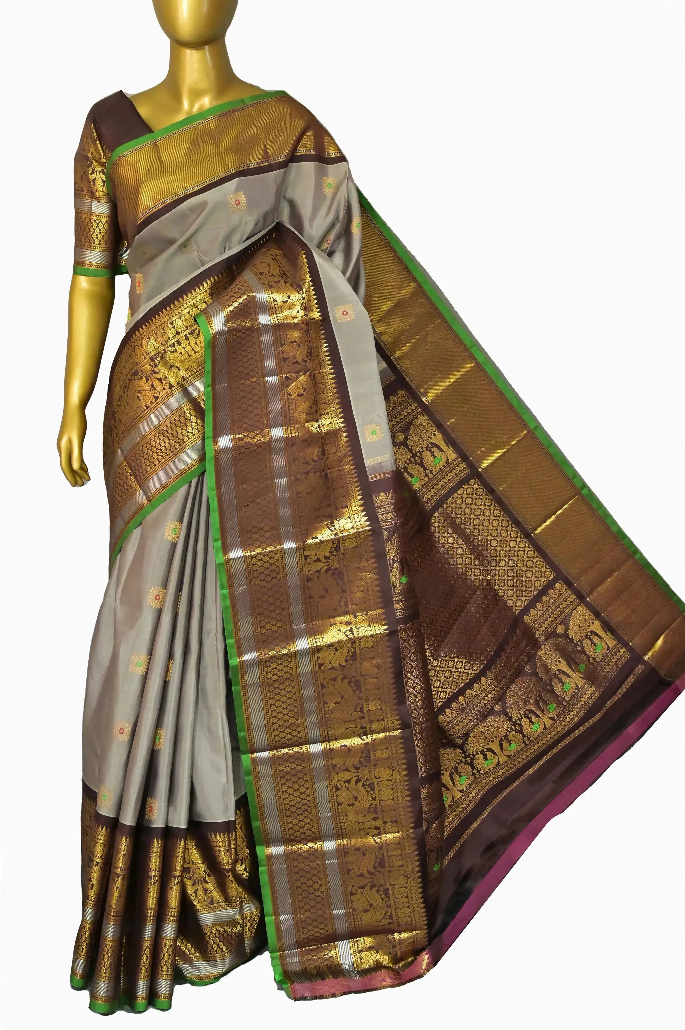 Grey and Coffee Color Pure Kanjeevaram Silk Saree with Allover Meenakari Work and Broad Border