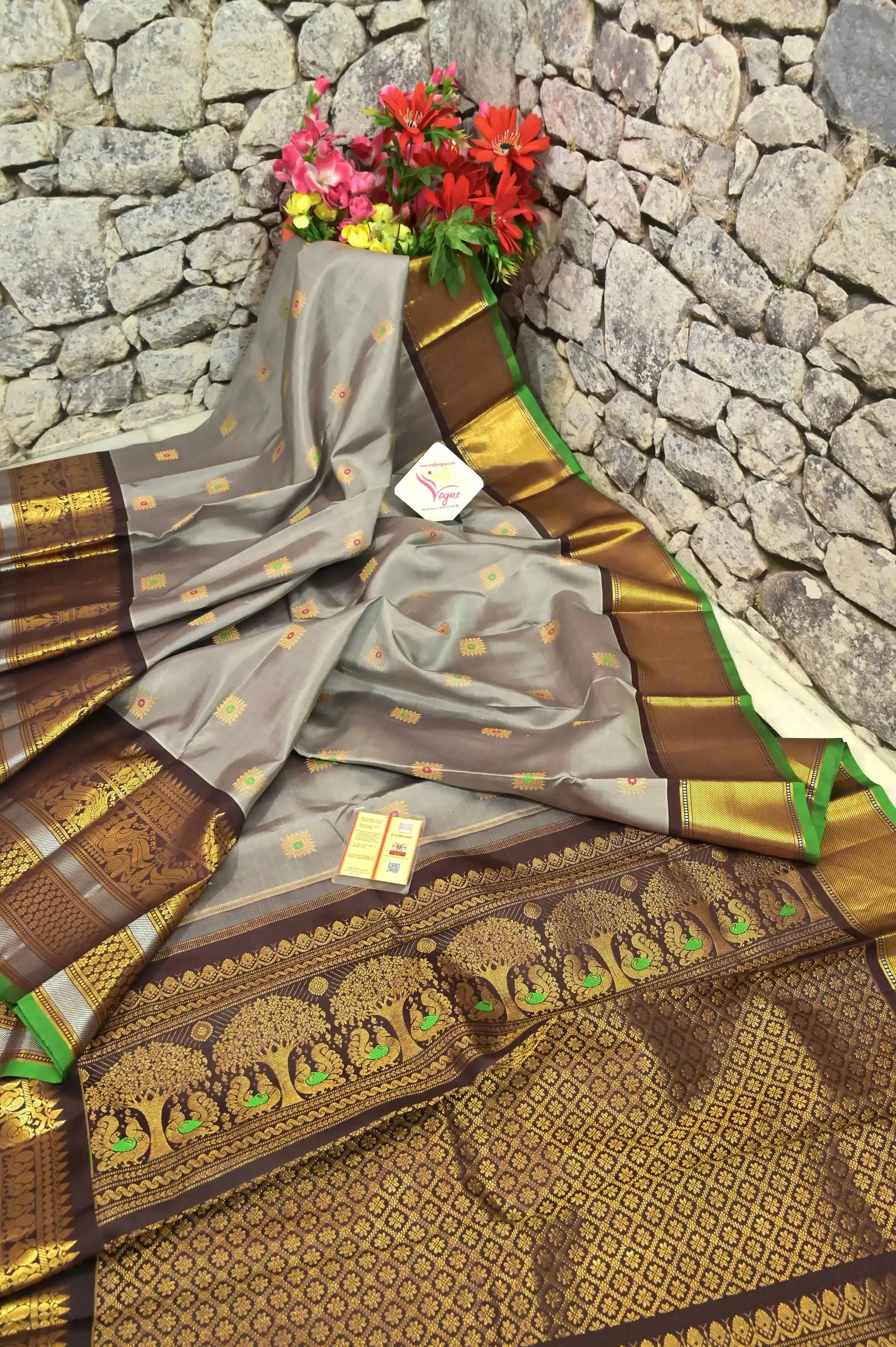 Grey and Coffee Color Pure Kanjeevaram Silk Saree with Allover Meenakari Work and Broad Border