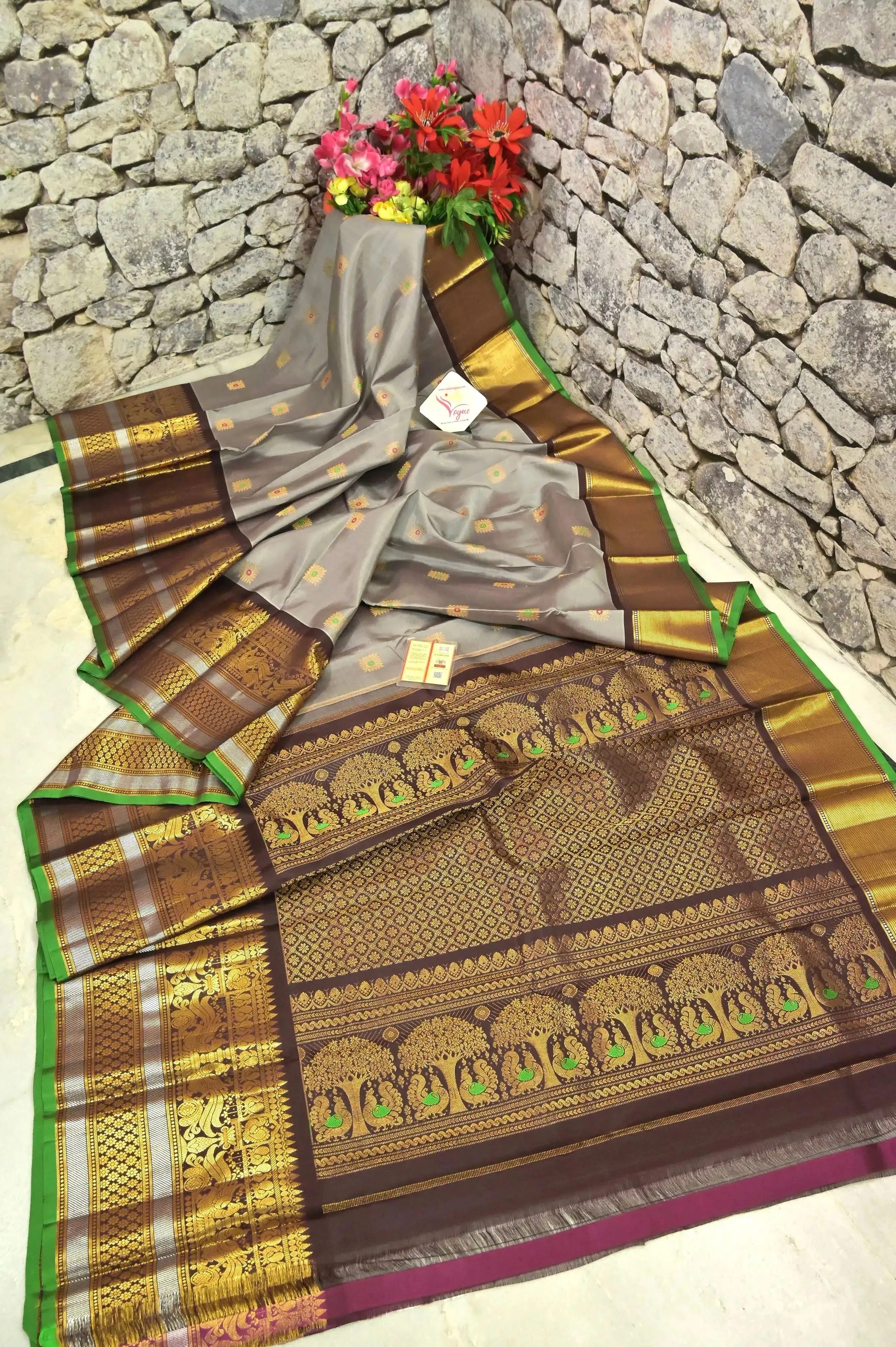 Grey and Coffee Color Pure Kanjeevaram Silk Saree with Allover Meenakari Work and Broad Border