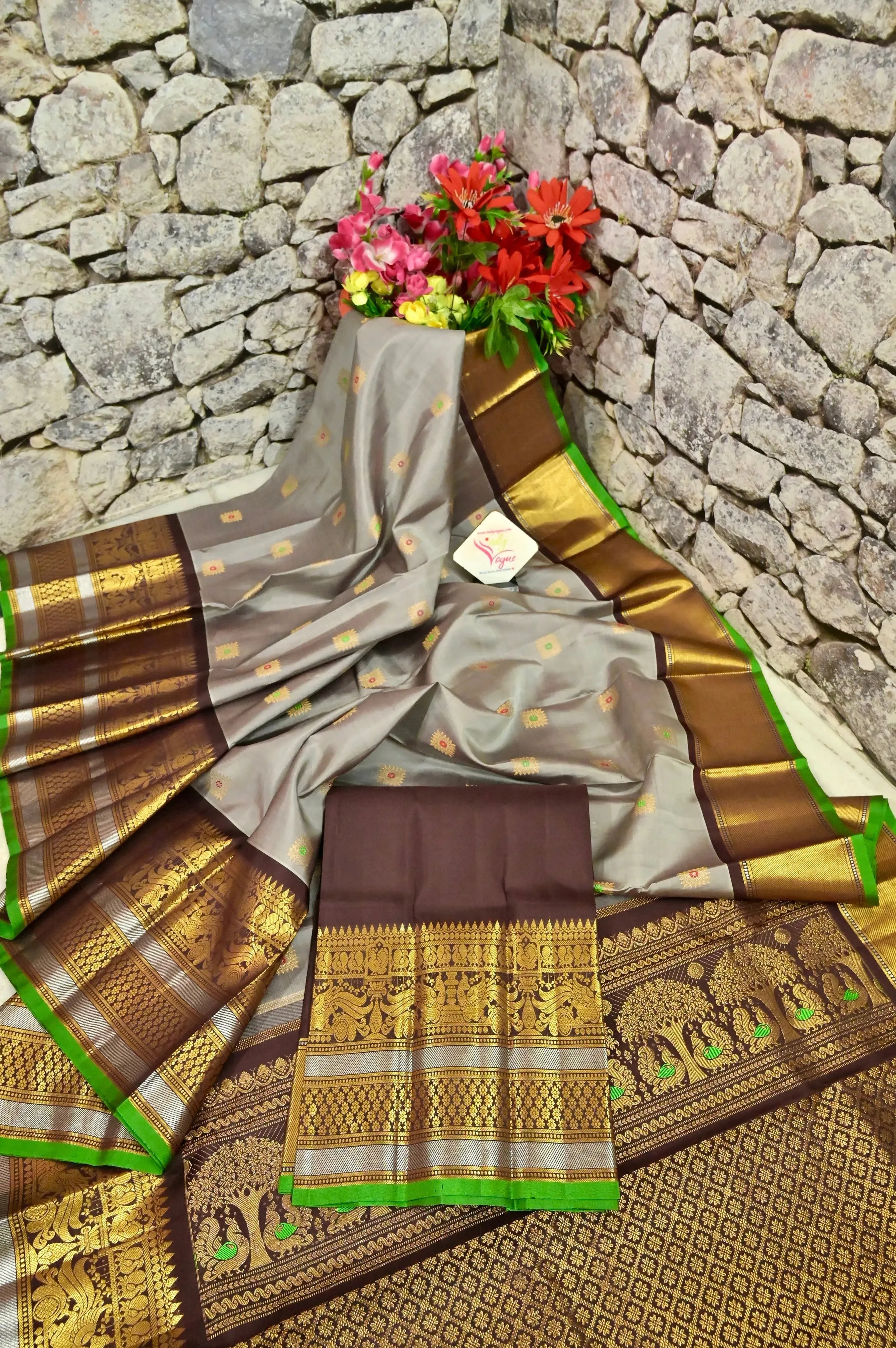 Grey and Coffee Color Pure Kanjeevaram Silk Saree with Allover Meenakari Work and Broad Border