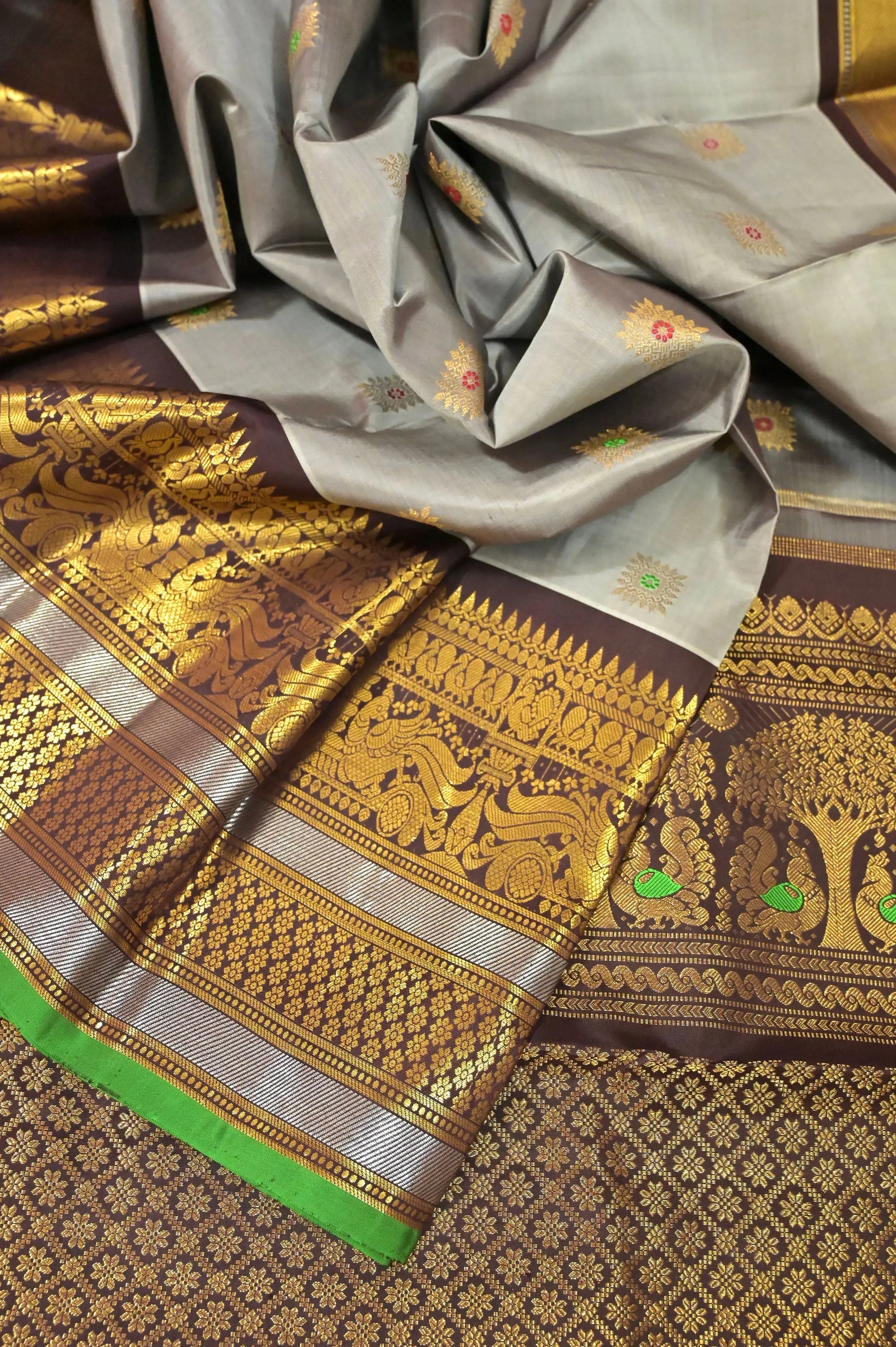 Grey and Coffee Color Pure Kanjeevaram Silk Saree with Allover Meenakari Work and Broad Border