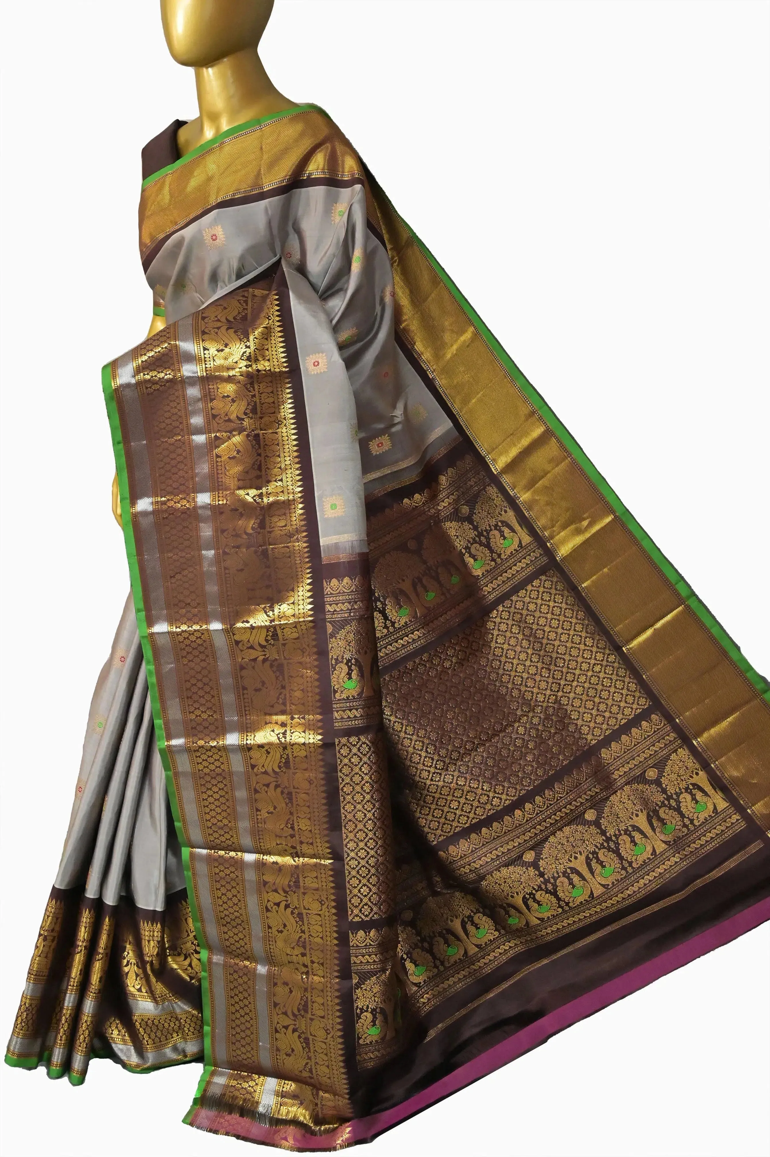 Grey and Coffee Color Pure Kanjeevaram Silk Saree with Allover Meenakari Work and Broad Border