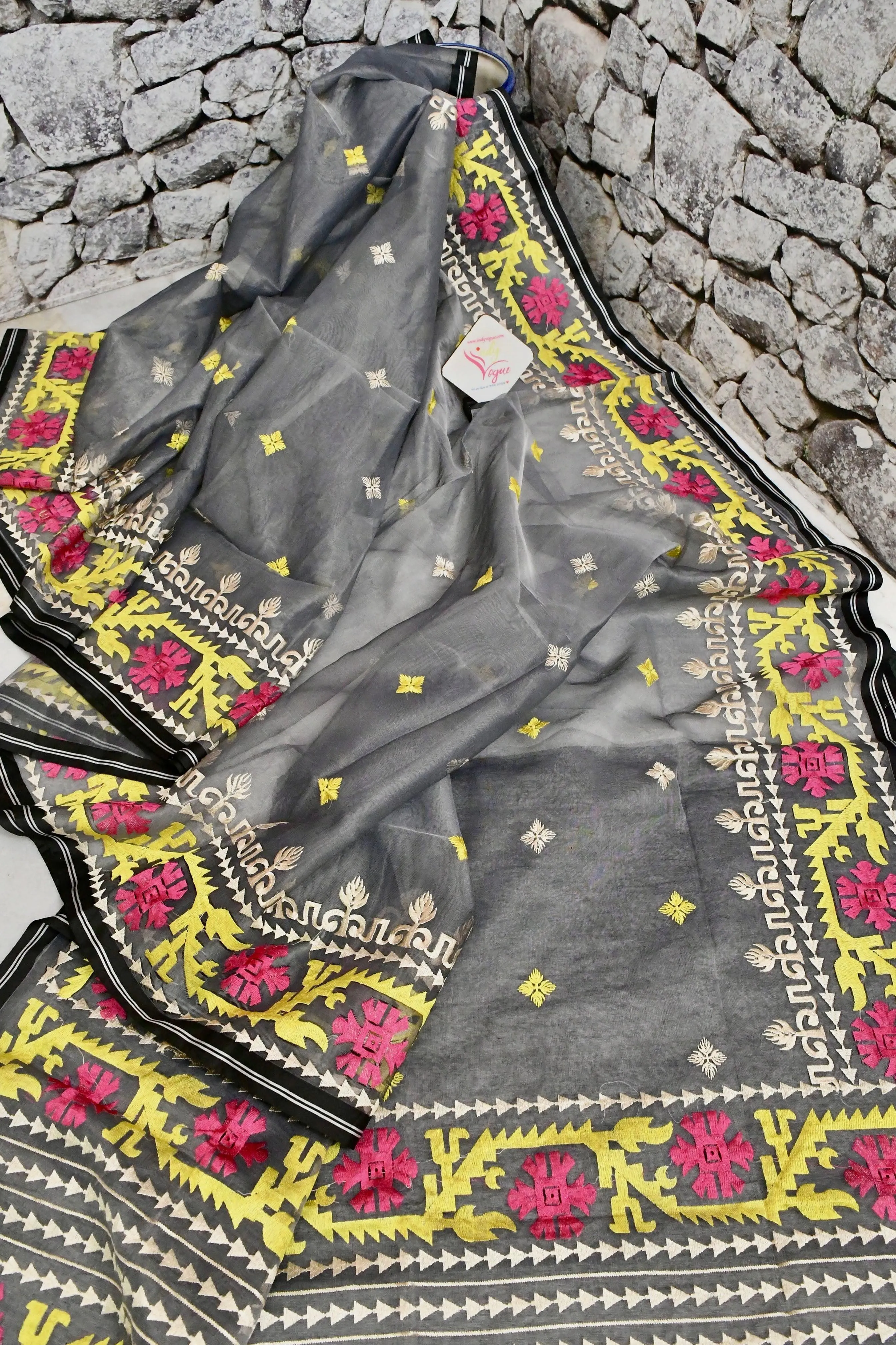 Grey Color Muslin Jamdani Saree with Embroidery