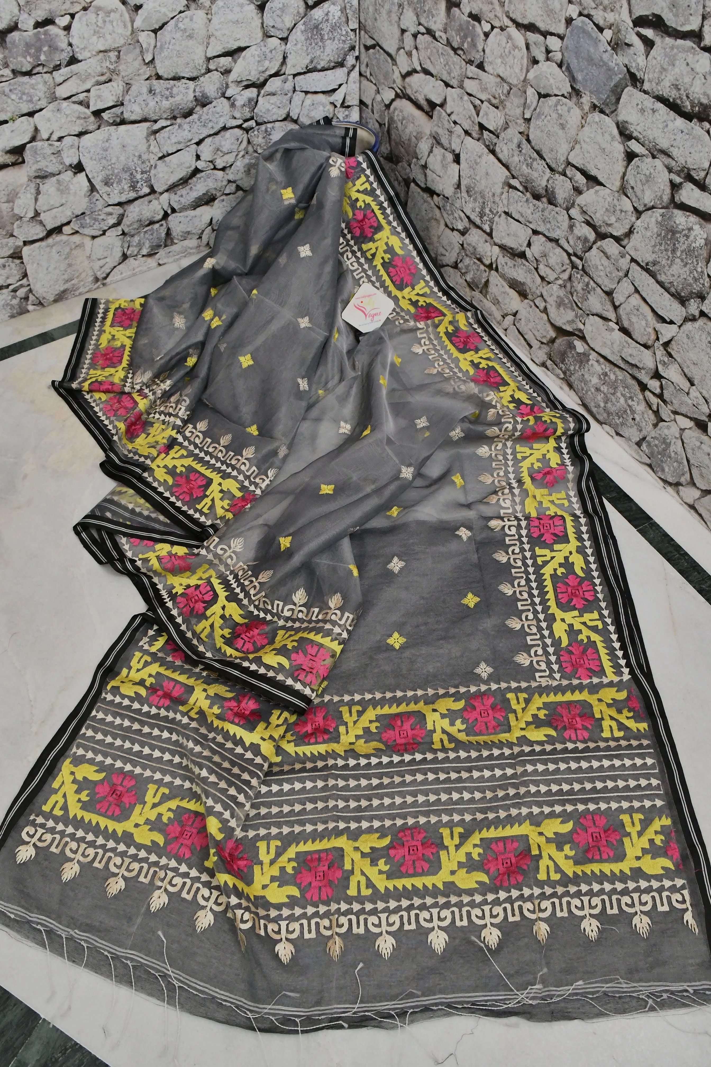 Grey Color Muslin Jamdani Saree with Embroidery