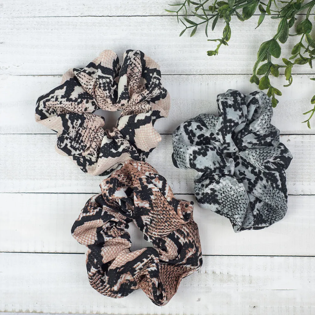 Hair Scrunch Set In Snakeskin (Brown/Blush/Gray)