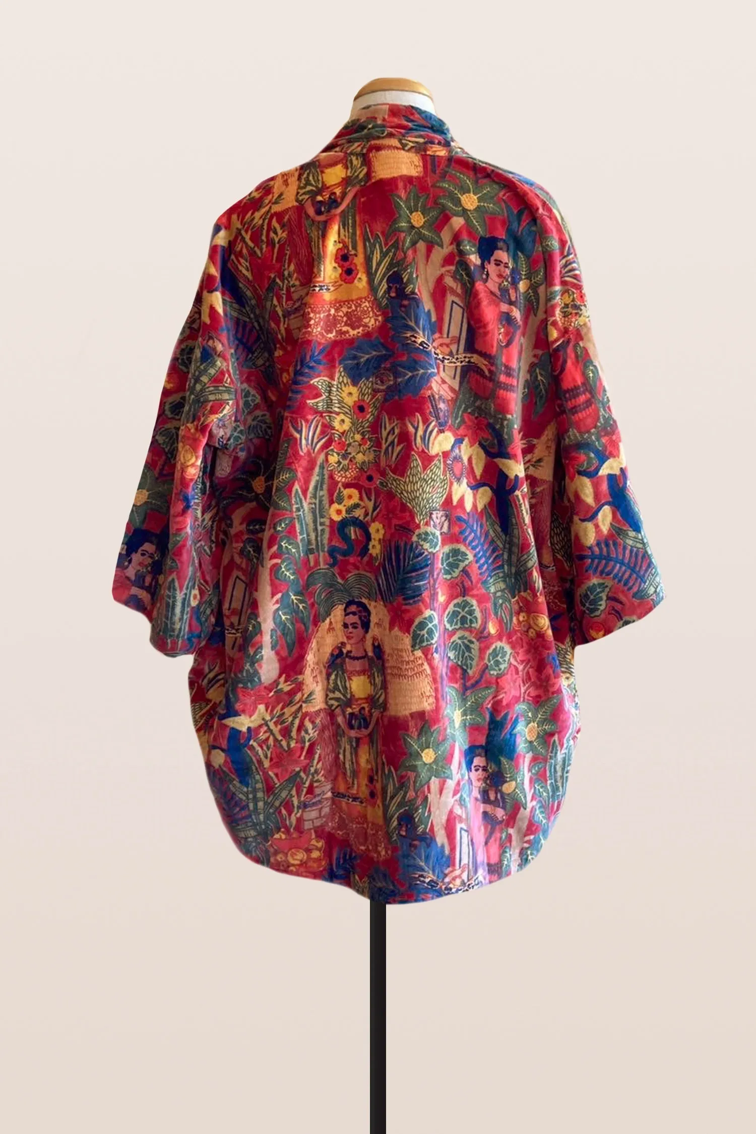 Hand Printed Floral Velvet Kimono - Red