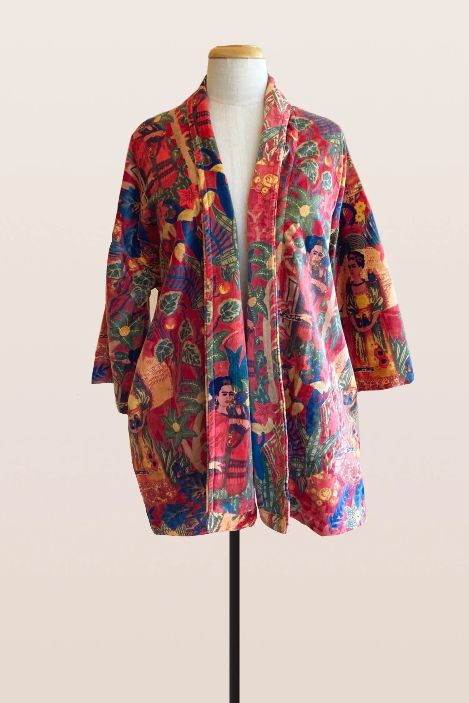 Hand Printed Floral Velvet Kimono - Red