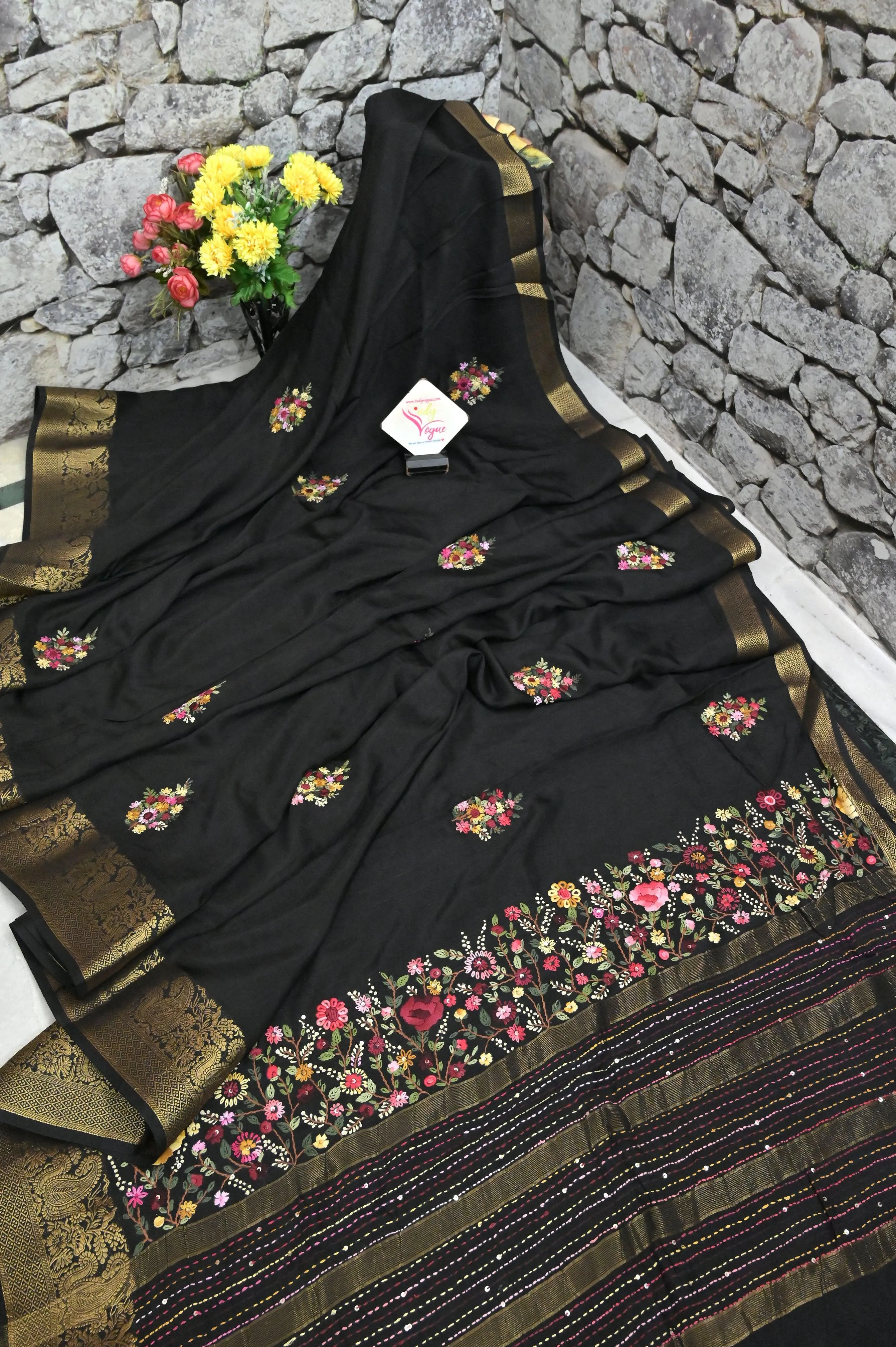 Jet Black Color Kantha Stitched Chinon Silk with Hand Bullion Embroidery and French Knot