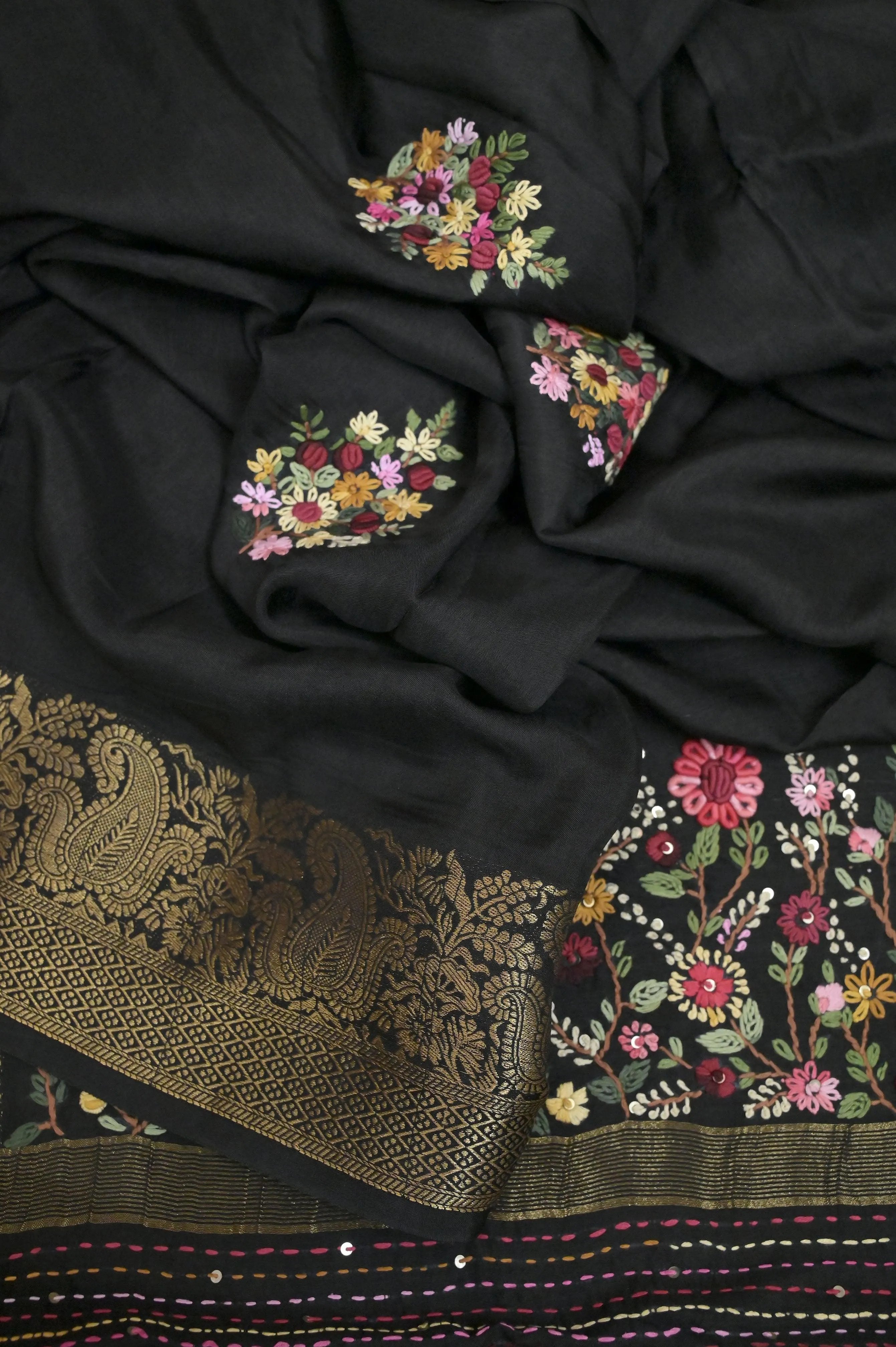 Jet Black Color Kantha Stitched Chinon Silk with Hand Bullion Embroidery and French Knot