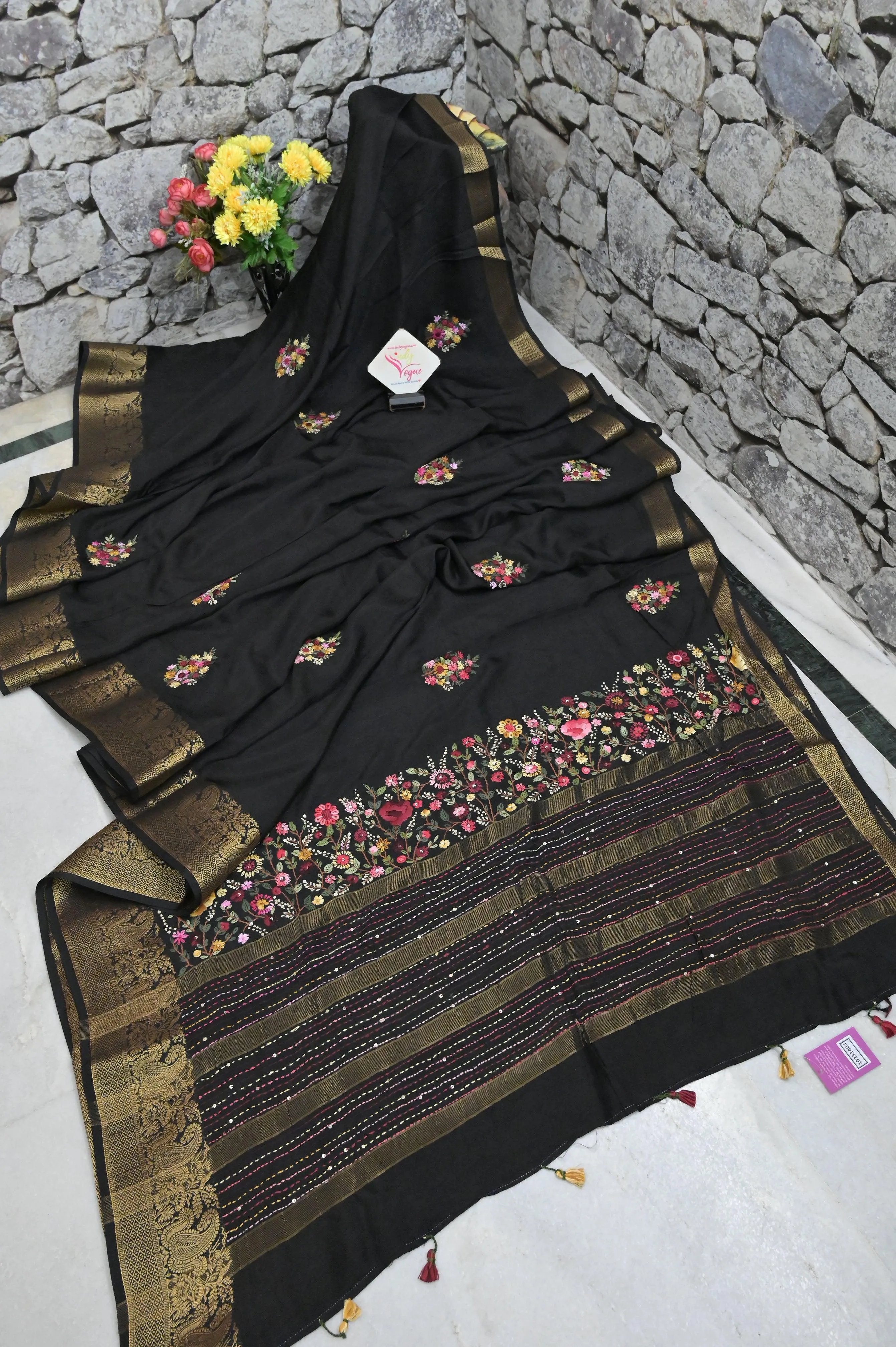 Jet Black Color Kantha Stitched Chinon Silk with Hand Bullion Embroidery and French Knot