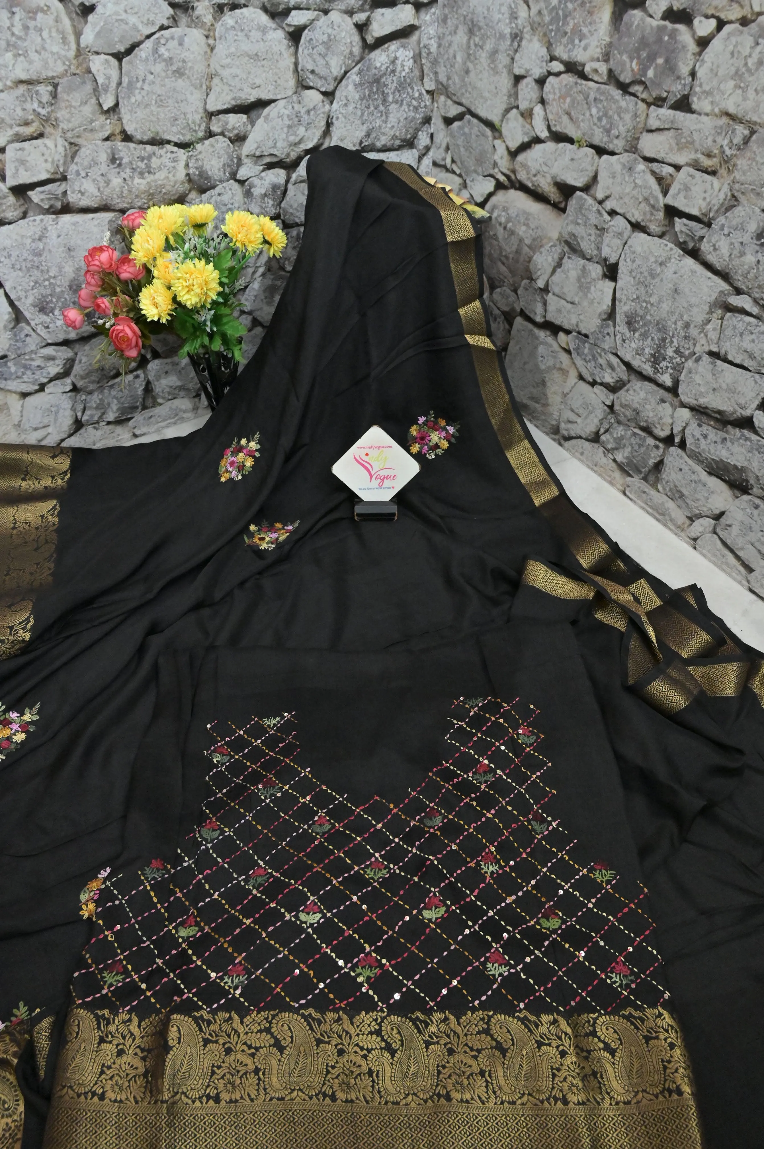 Jet Black Color Kantha Stitched Chinon Silk with Hand Bullion Embroidery and French Knot