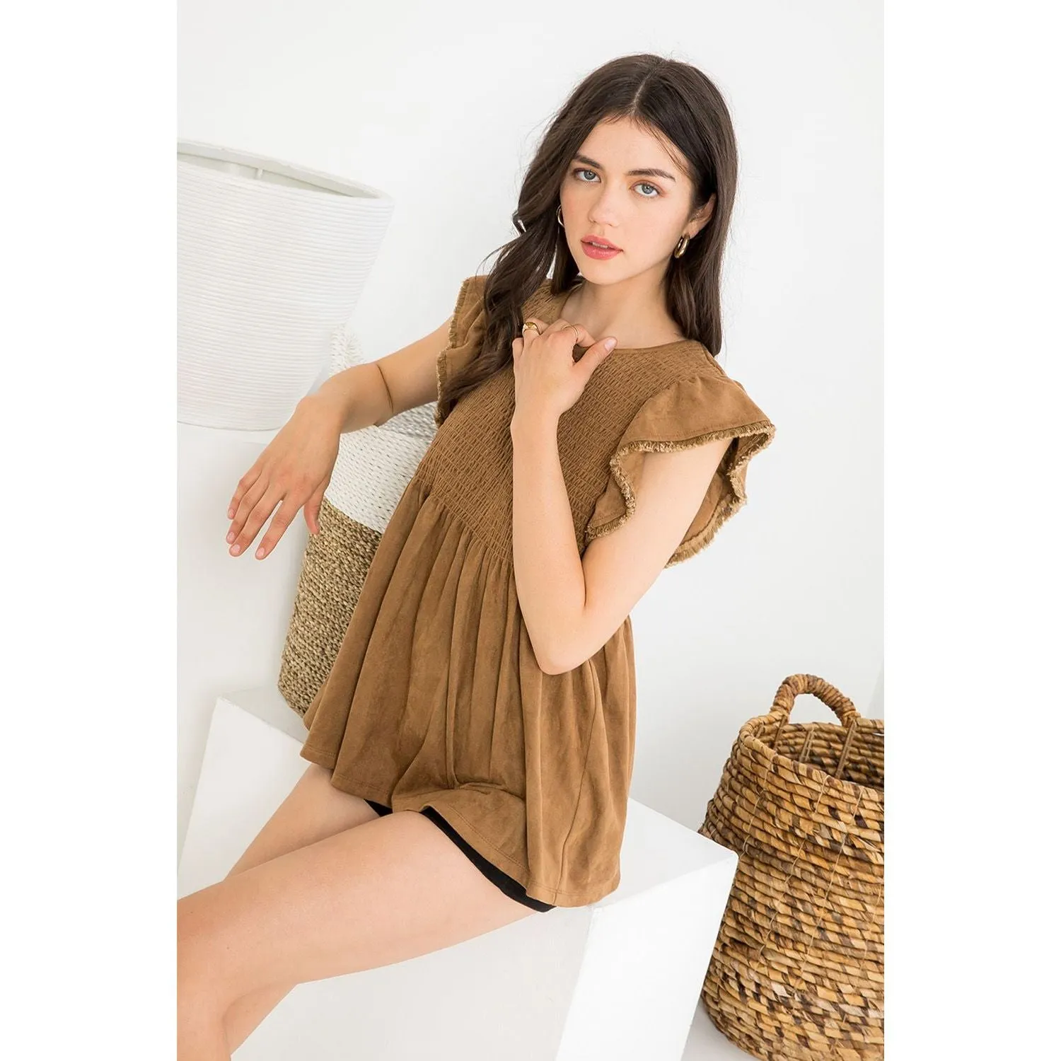 Juniper Suede Flutter Sleeve THML Top