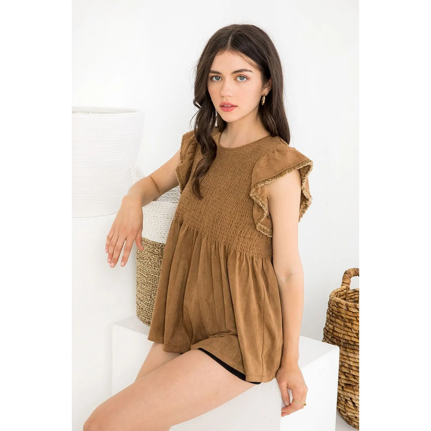 Juniper Suede Flutter Sleeve THML Top