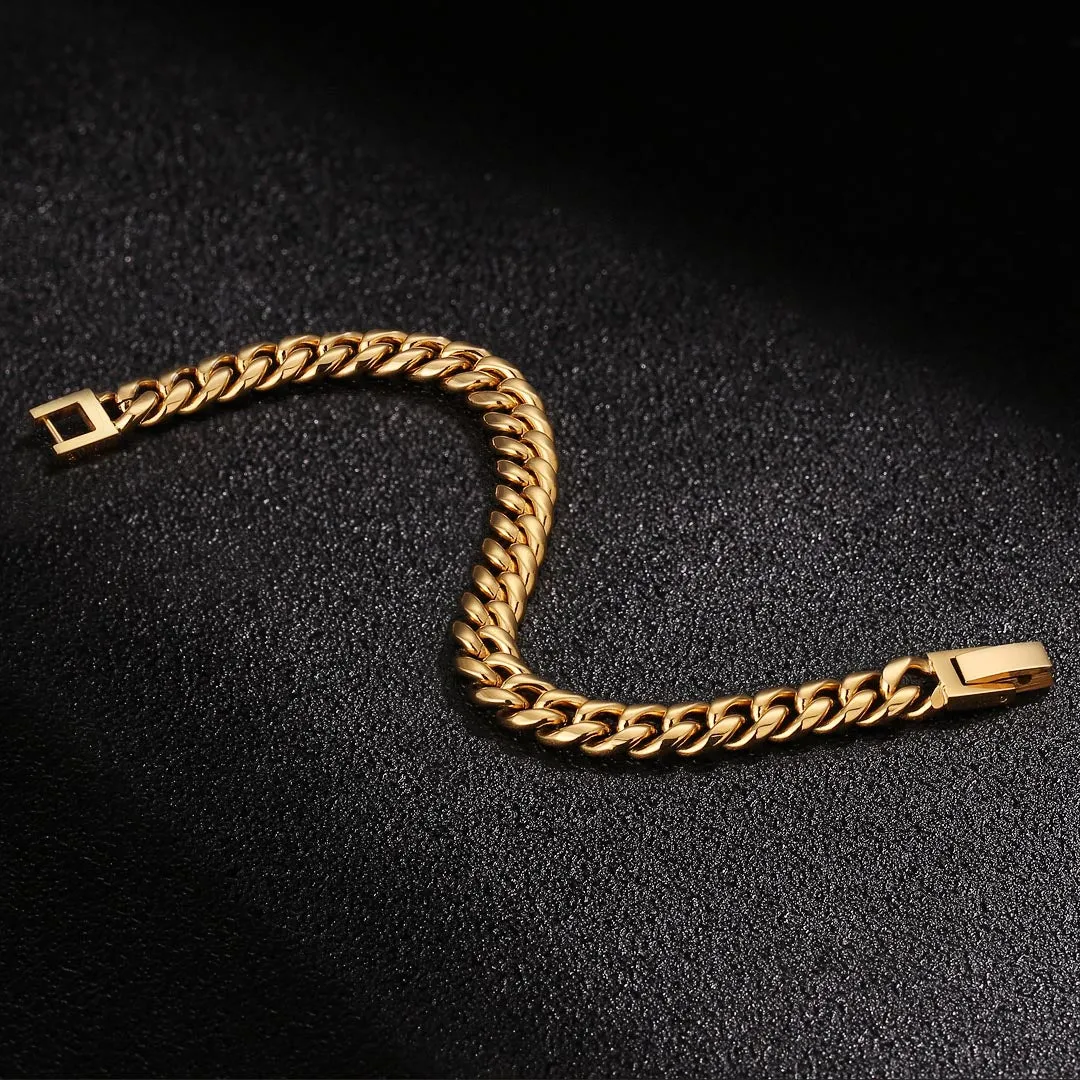 KRKC 8mm Mens Miami Cuban Link Chain and Bracelet Set in 18K Gold