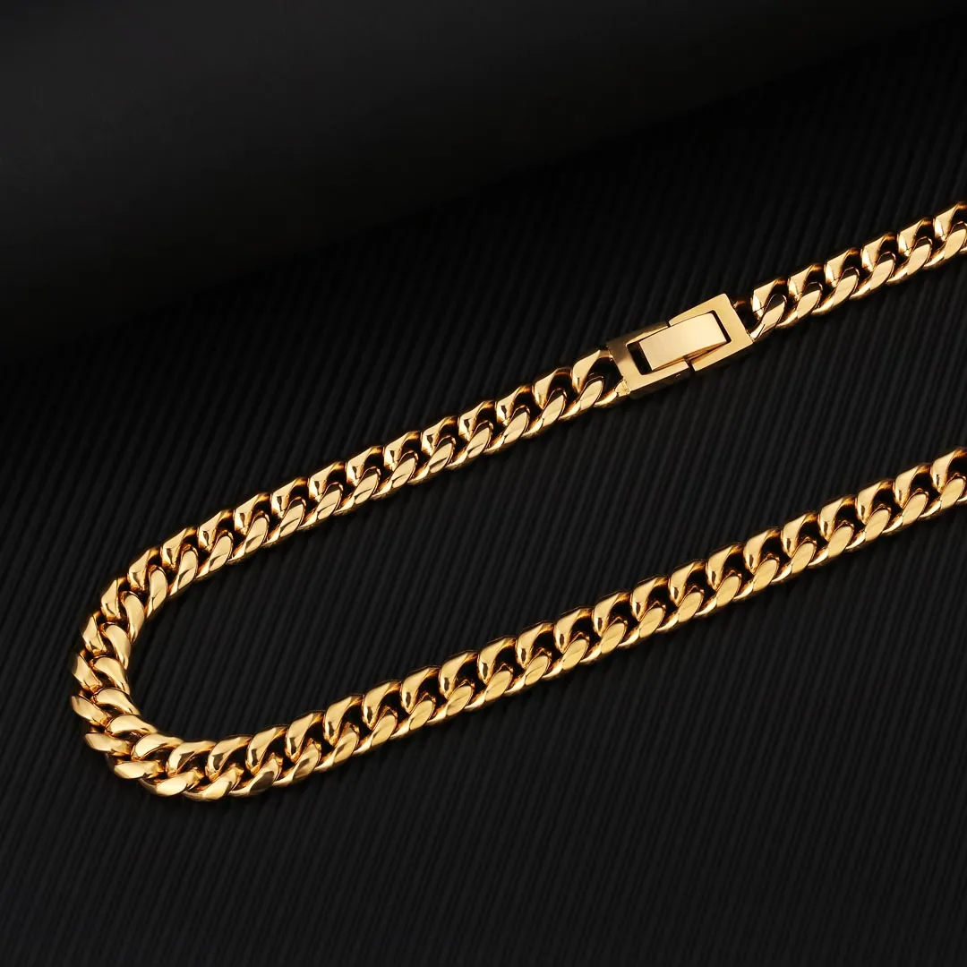 KRKC 8mm Mens Miami Cuban Link Chain and Bracelet Set in 18K Gold