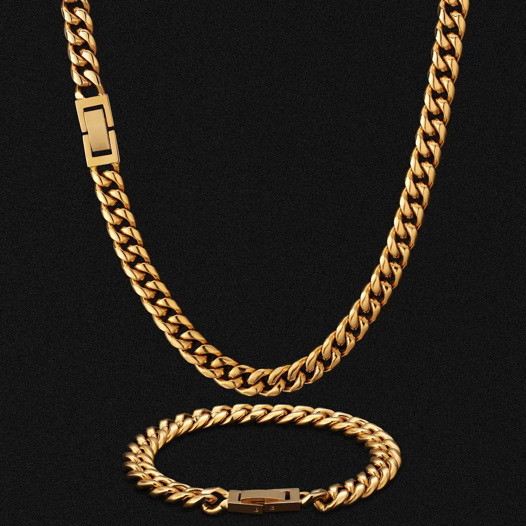 KRKC 8mm Mens Miami Cuban Link Chain and Bracelet Set in 18K Gold