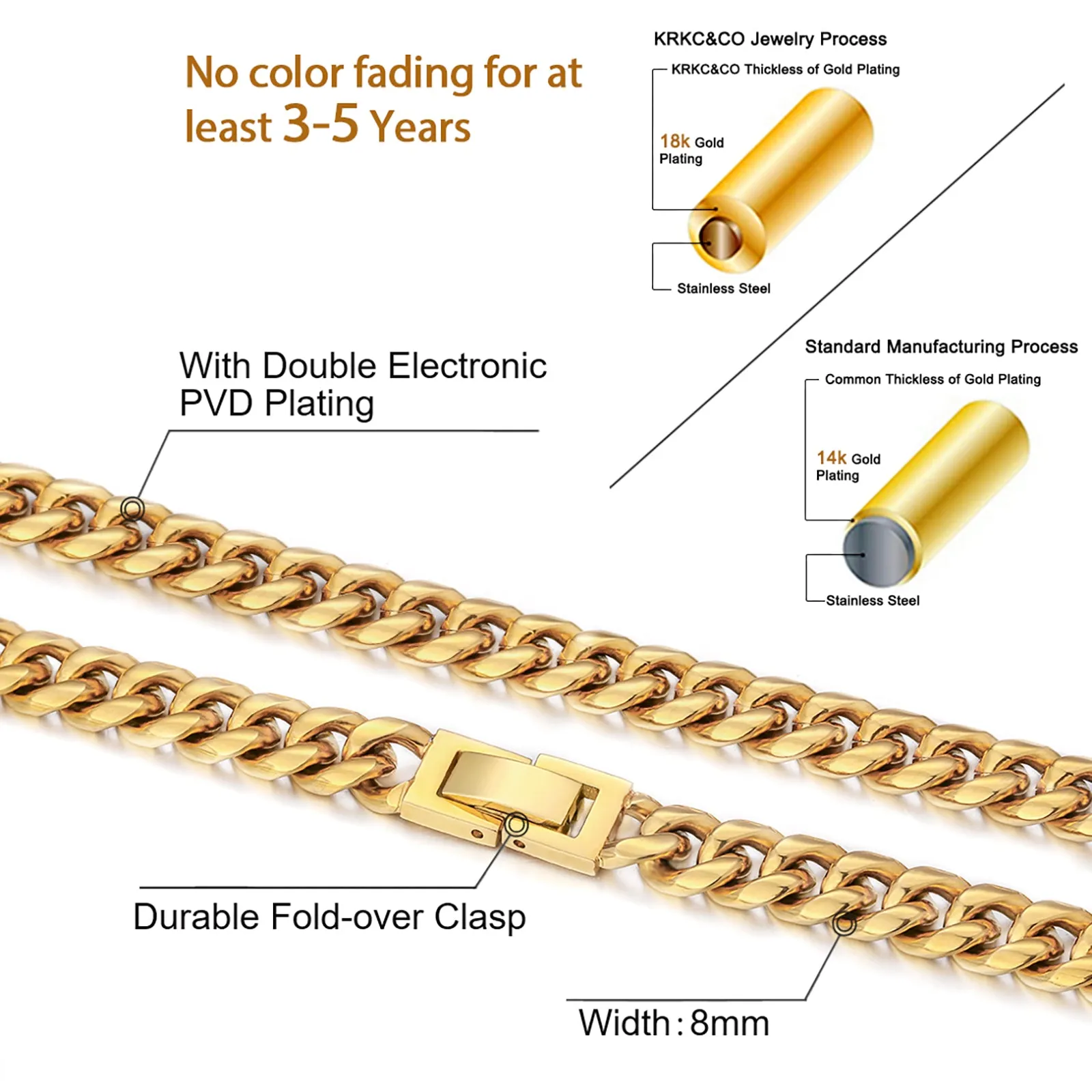 KRKC 8mm Mens Miami Cuban Link Chain and Bracelet Set in 18K Gold