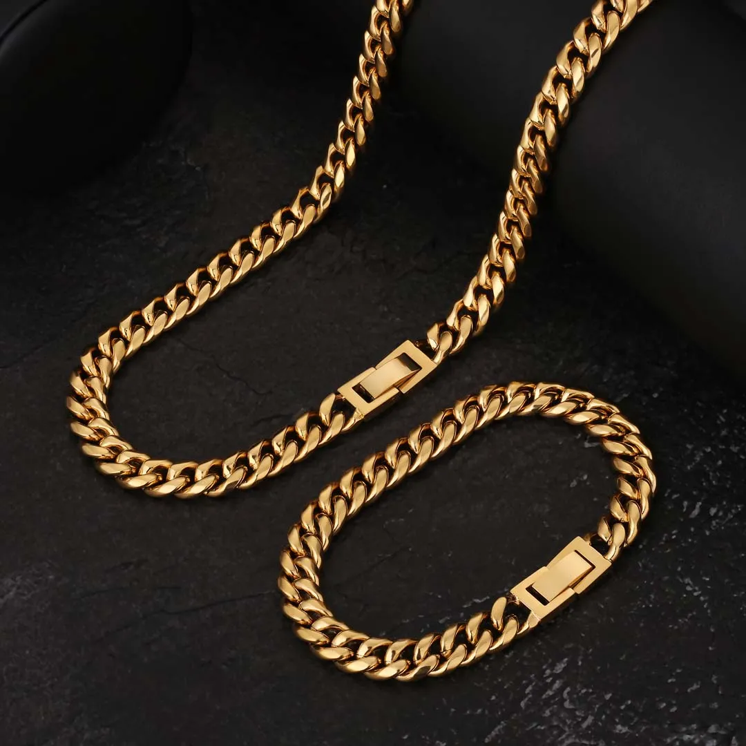 KRKC 8mm Mens Miami Cuban Link Chain and Bracelet Set in 18K Gold