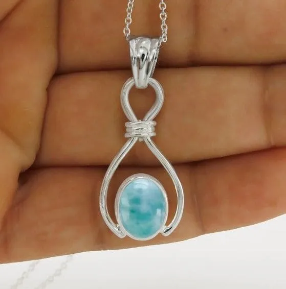 Larimar Oval Gemstone 925 Sterling Silver Handmade Pendant