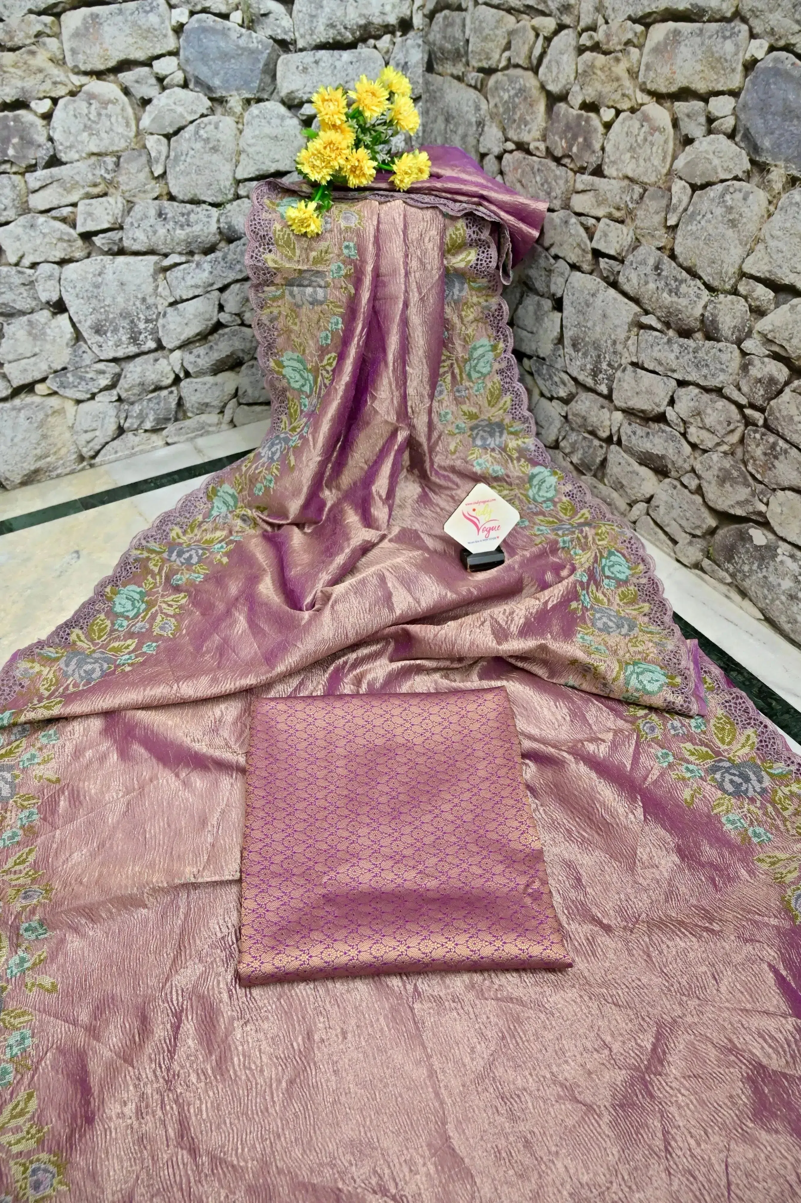 Lavender and Golden Color Dual Tone Crushed Tissue Silk Saree with Embroidery and Cutwork