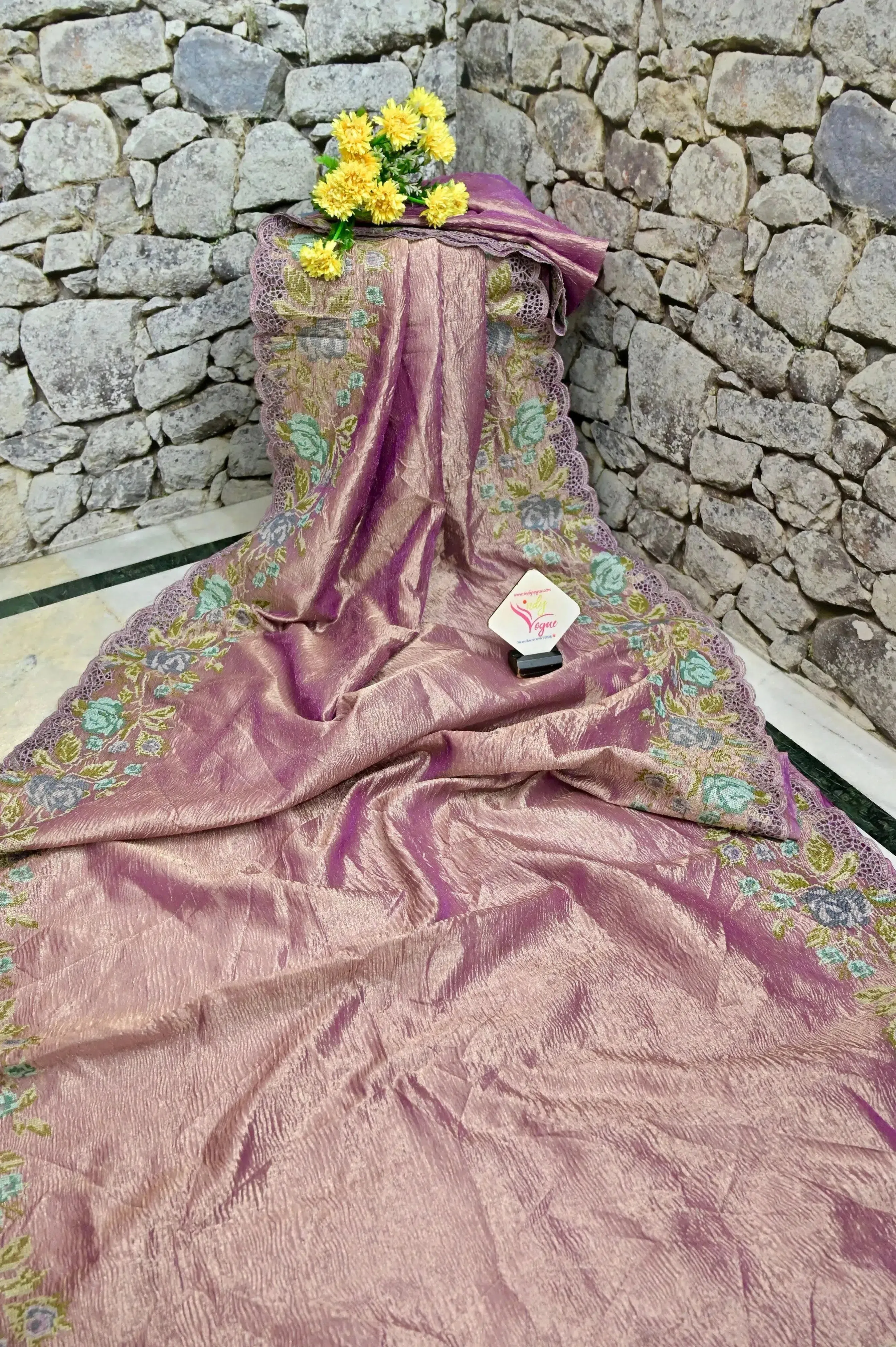 Lavender and Golden Color Dual Tone Crushed Tissue Silk Saree with Embroidery and Cutwork