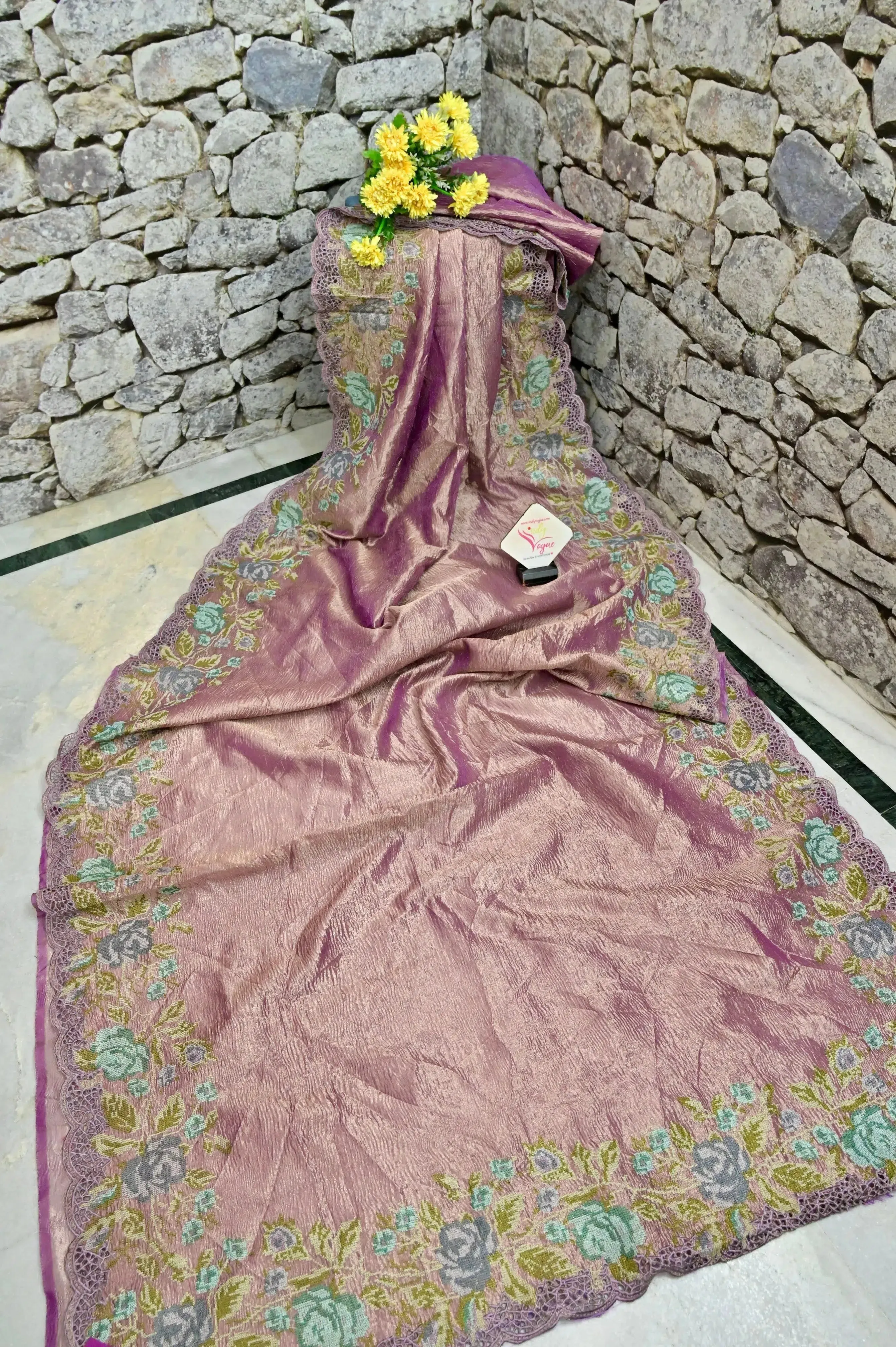 Lavender and Golden Color Dual Tone Crushed Tissue Silk Saree with Embroidery and Cutwork