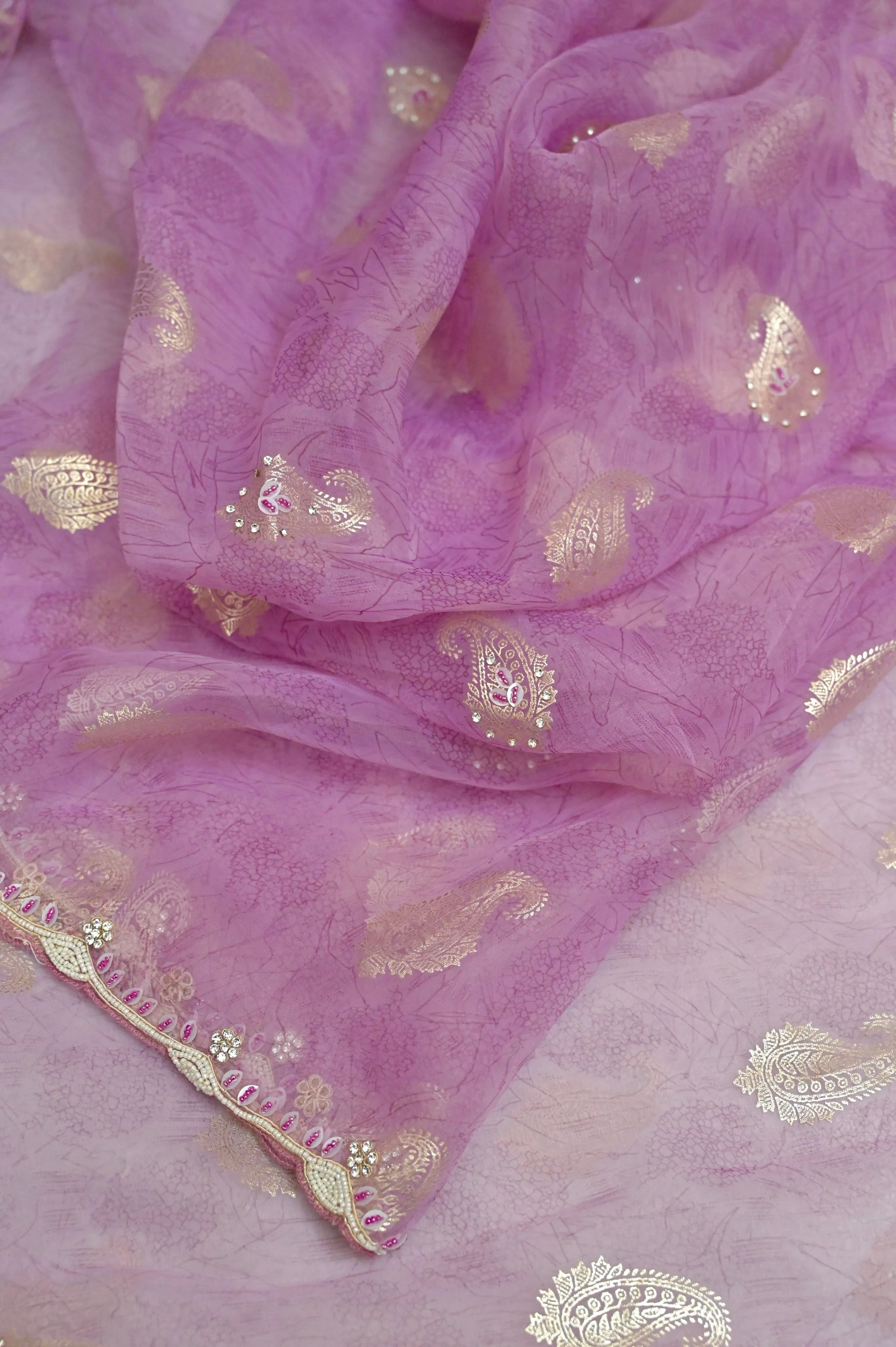 Lavender Color Oragnza Saree with Allover Hand Work with Pearl and Sequin with Foil Print