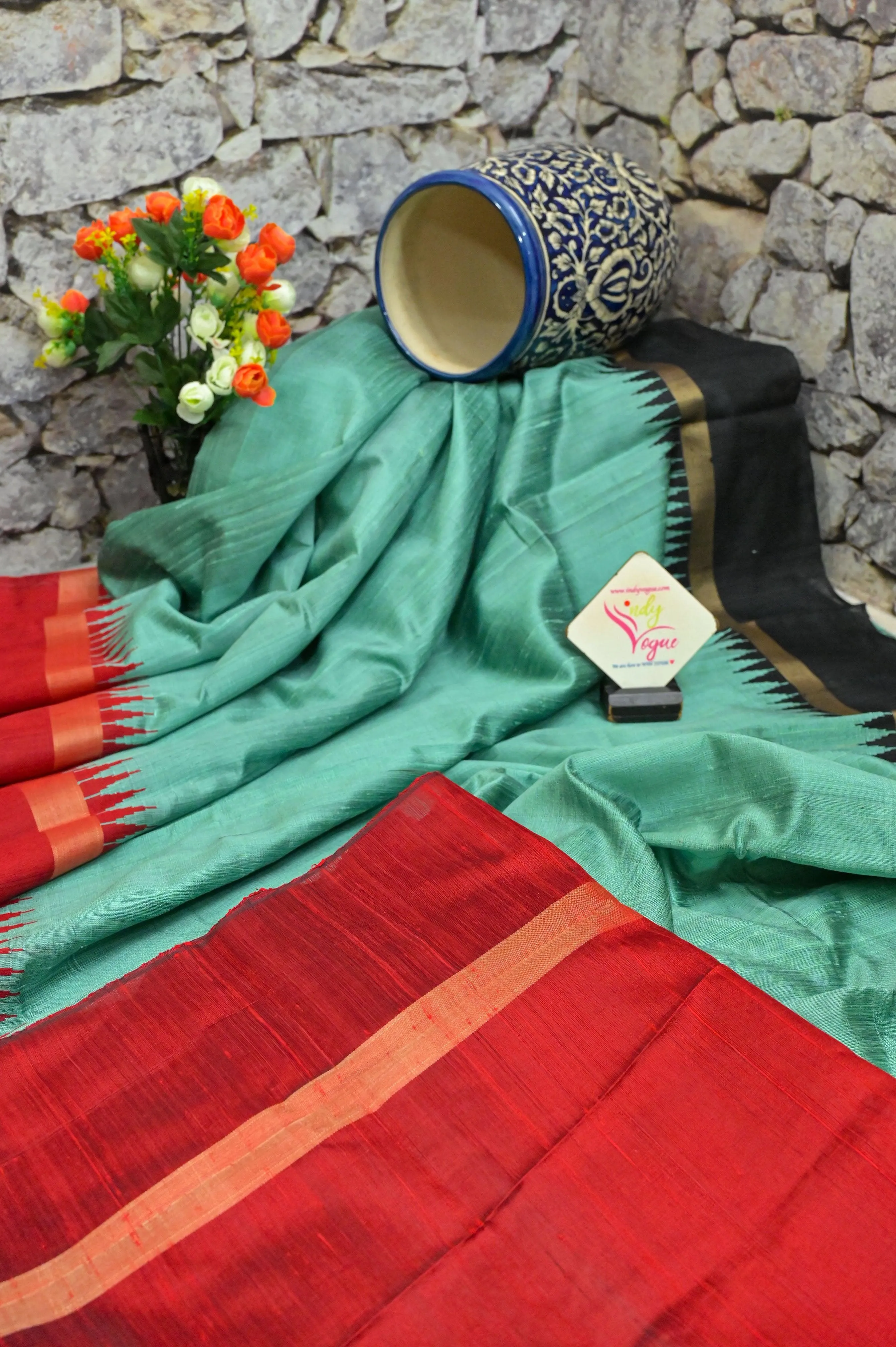 Light Jade Green Color Pure Raw Silk Saree with Ganga Jamuna Border