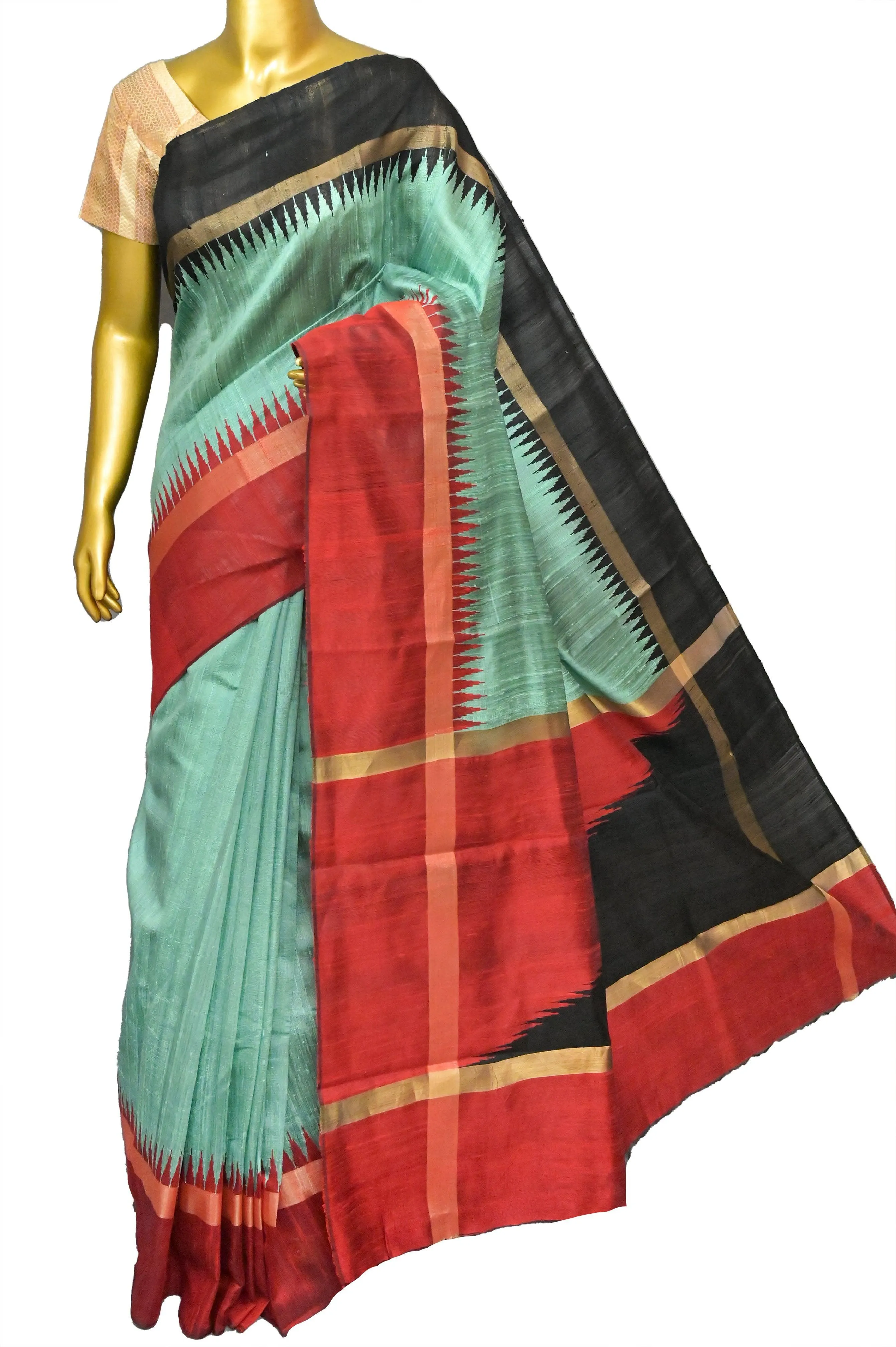 Light Jade Green Color Pure Raw Silk Saree with Ganga Jamuna Border