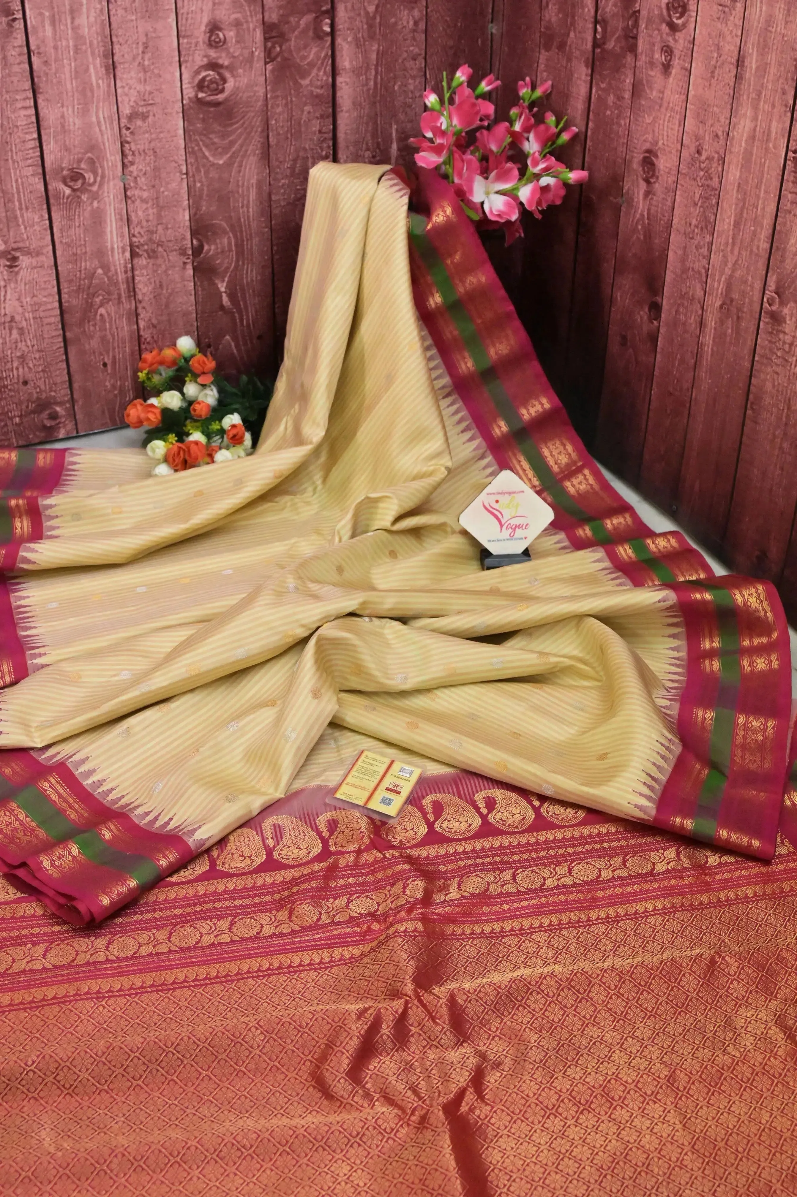 Light Tussar Color Pure Gadwal Silk Saree with Allover Horizontal Stripes and Zari Buti