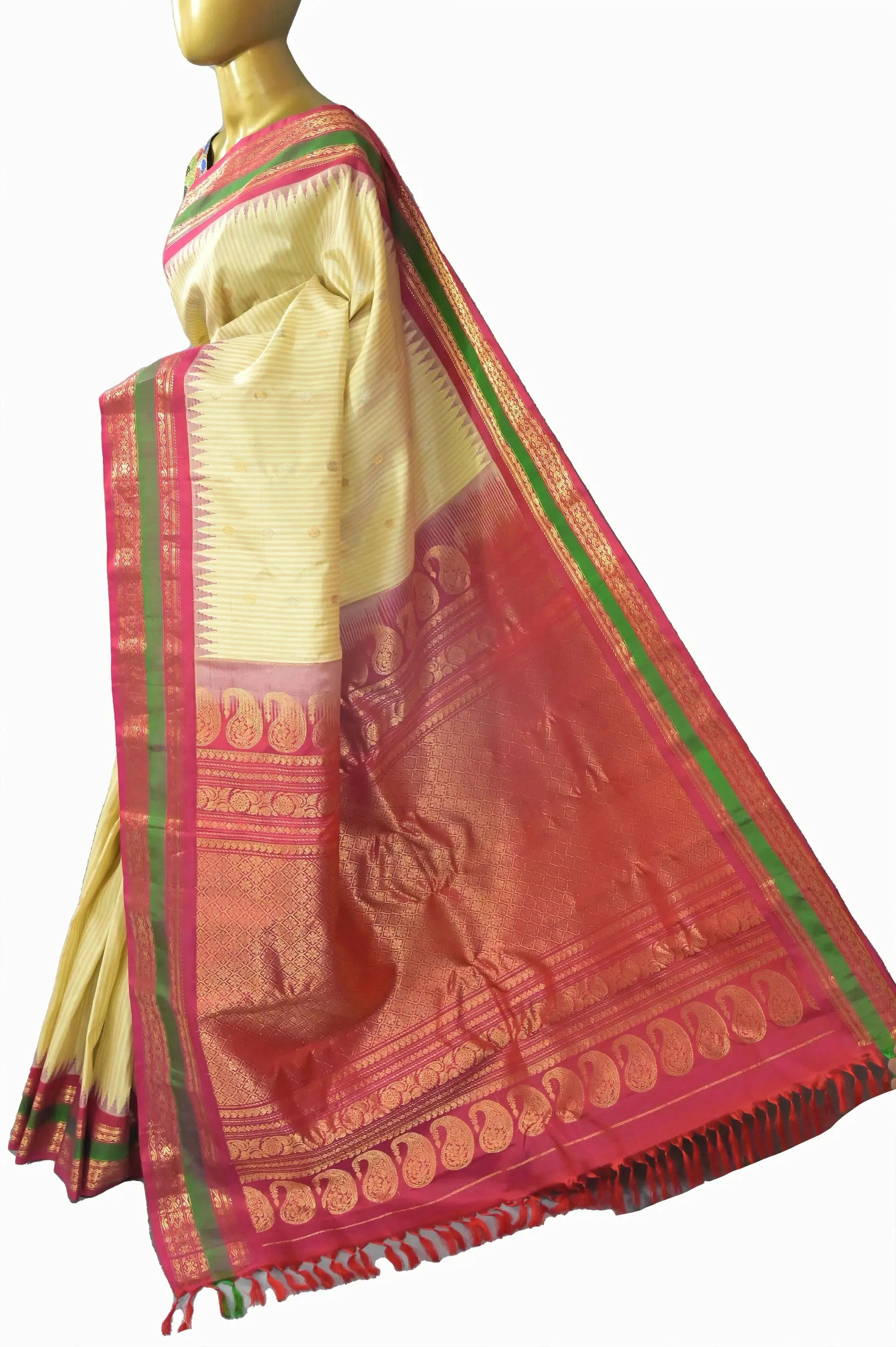 Light Tussar Color Pure Gadwal Silk Saree with Allover Horizontal Stripes and Zari Buti