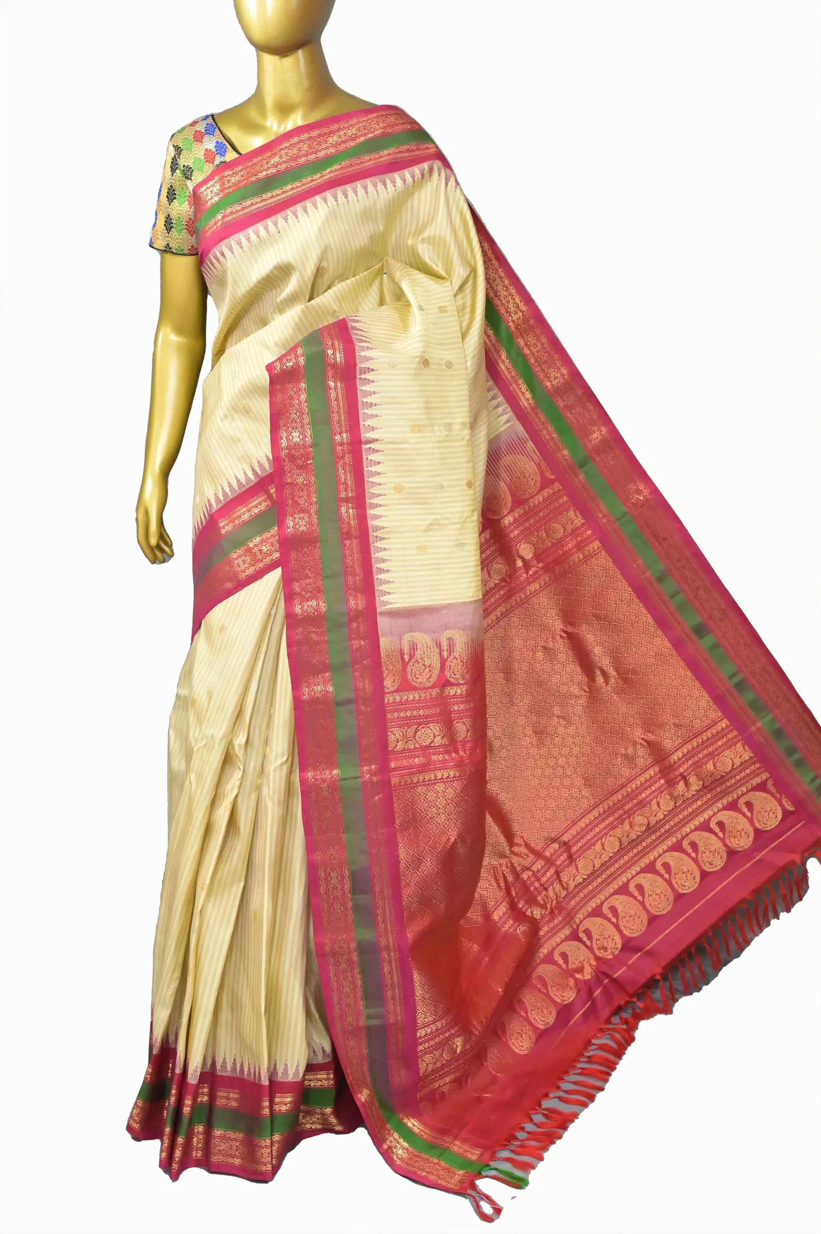 Light Tussar Color Pure Gadwal Silk Saree with Allover Horizontal Stripes and Zari Buti