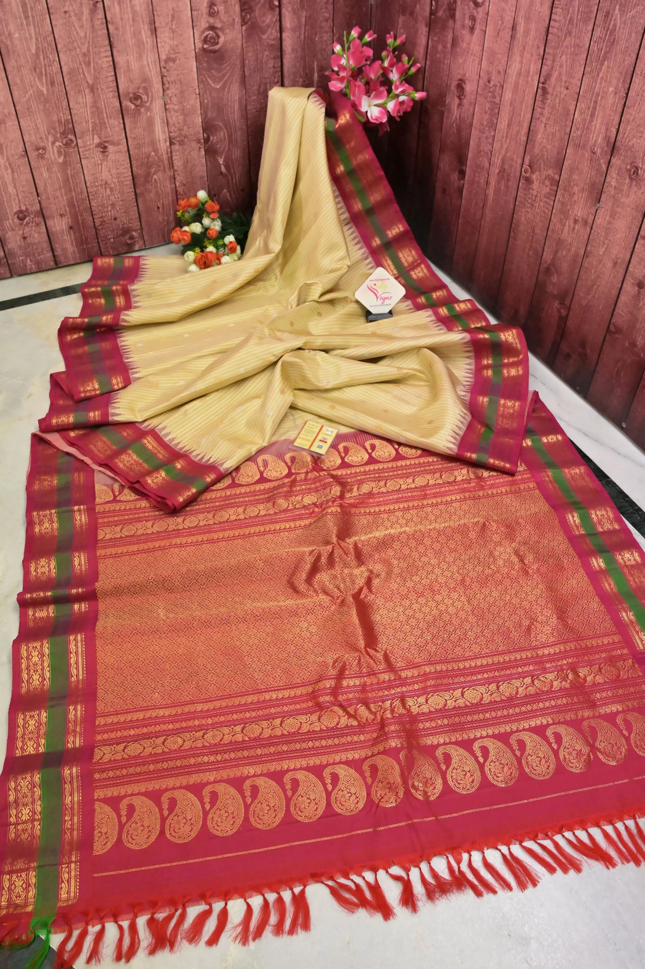 Light Tussar Color Pure Gadwal Silk Saree with Allover Horizontal Stripes and Zari Buti