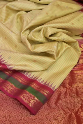 Light Tussar Color Pure Gadwal Silk Saree with Allover Horizontal Stripes and Zari Buti