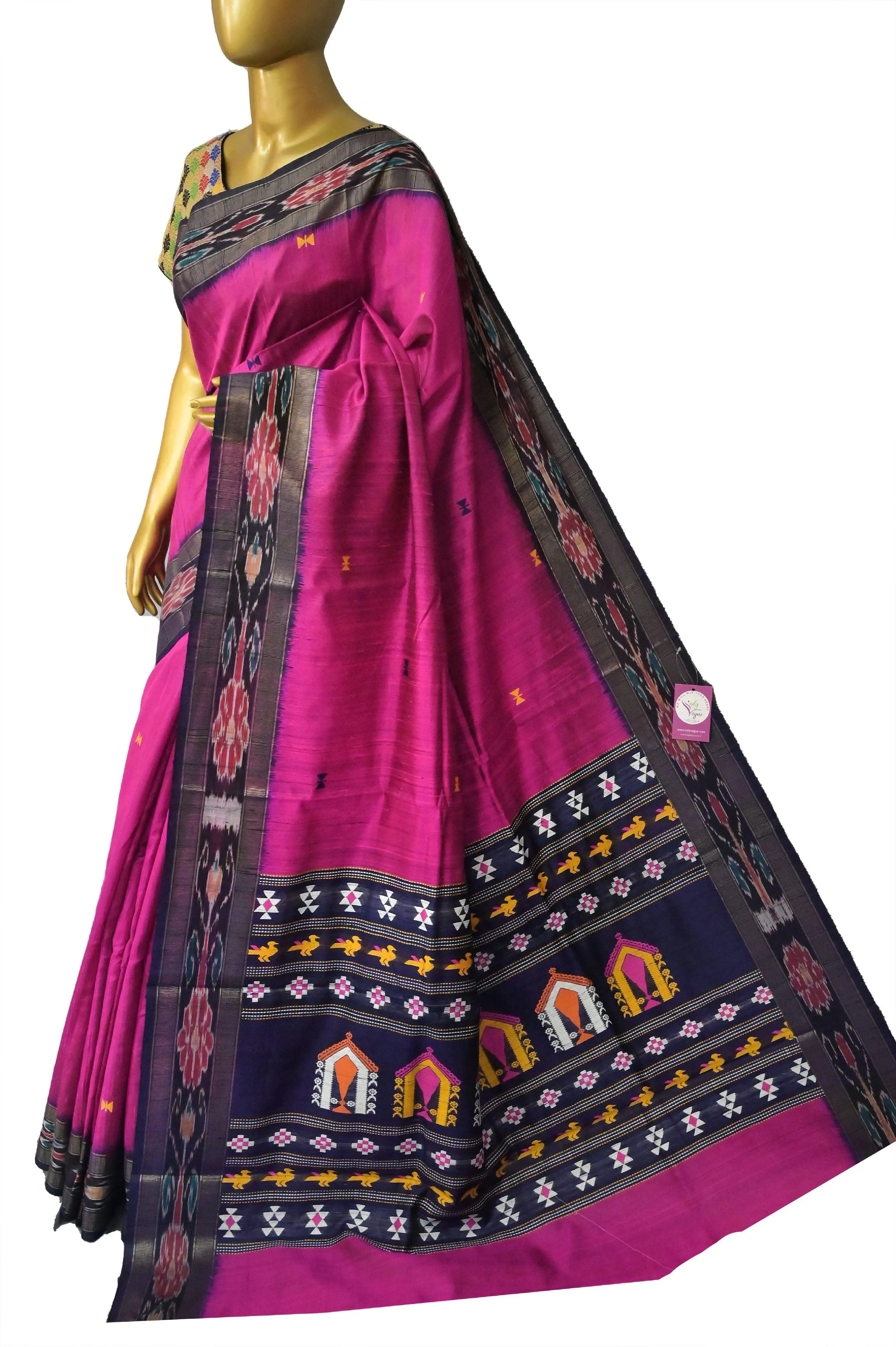 Magenta and Navy Blue Color Raw Silk Saree with Sambalpuri Border and Dolabedi Pallu