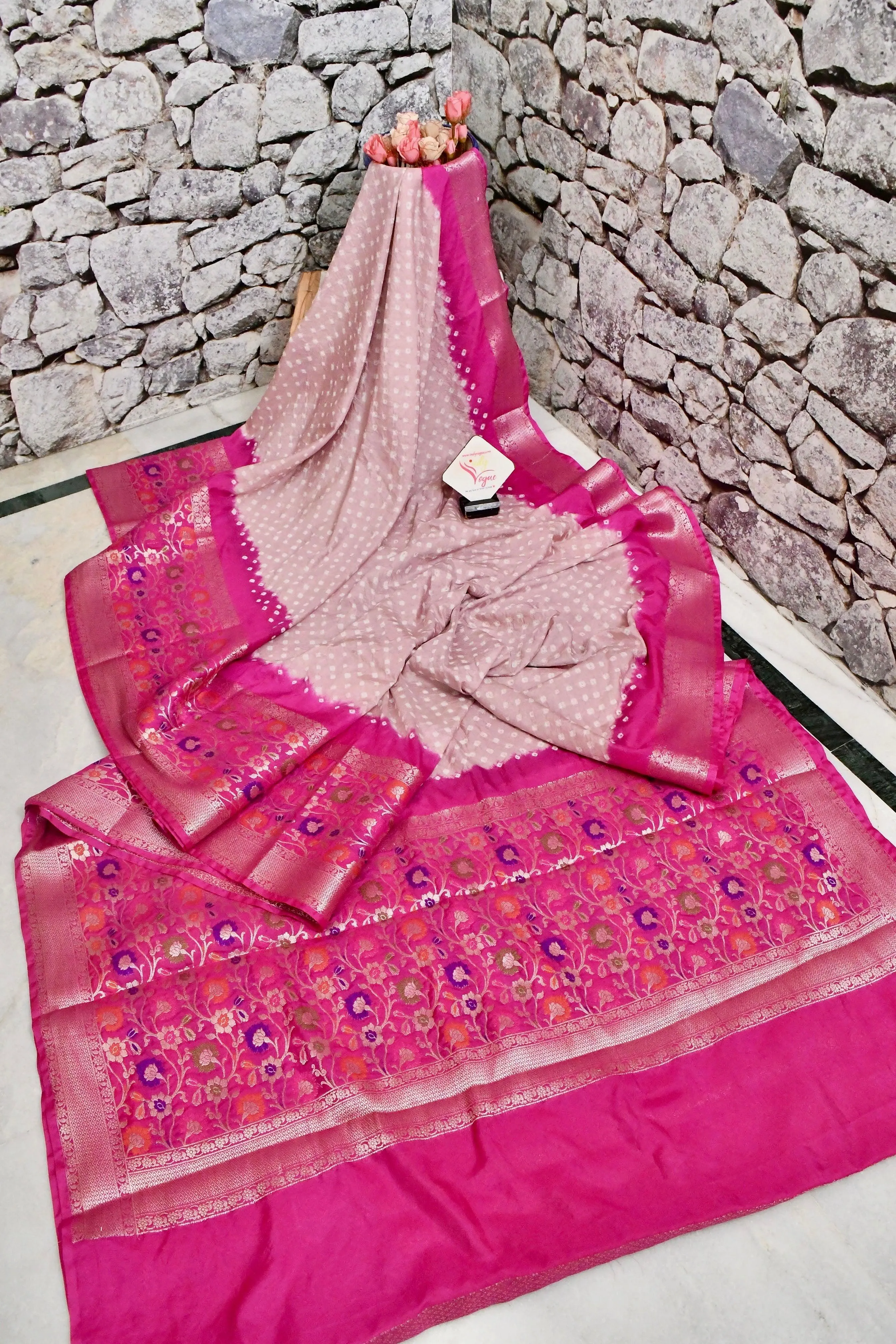 Magenta and Powder Pink Color Dupion Silk Saree with Paithani Design & Hand Bandhani Work