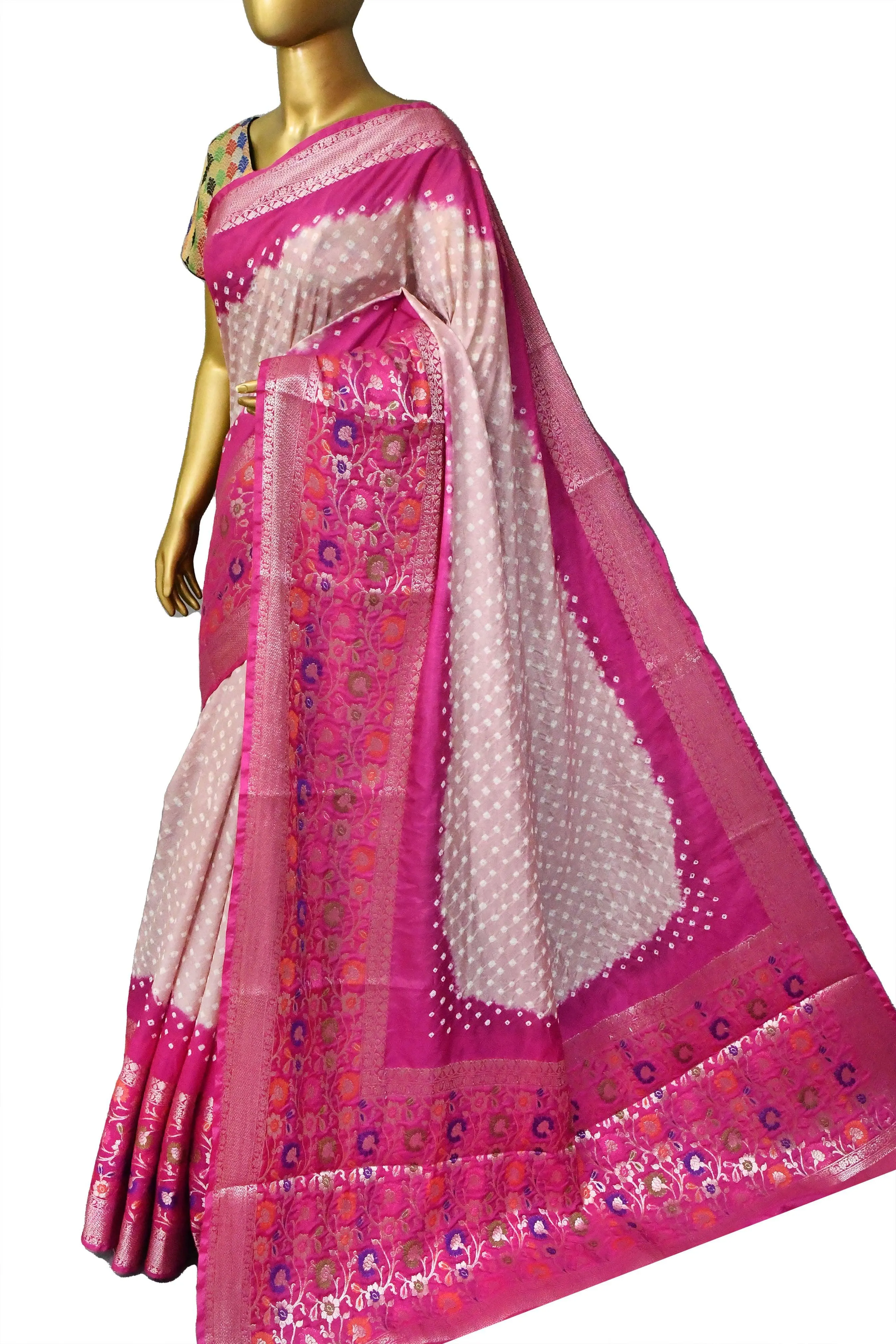 Magenta and Powder Pink Color Dupion Silk Saree with Paithani Design & Hand Bandhani Work