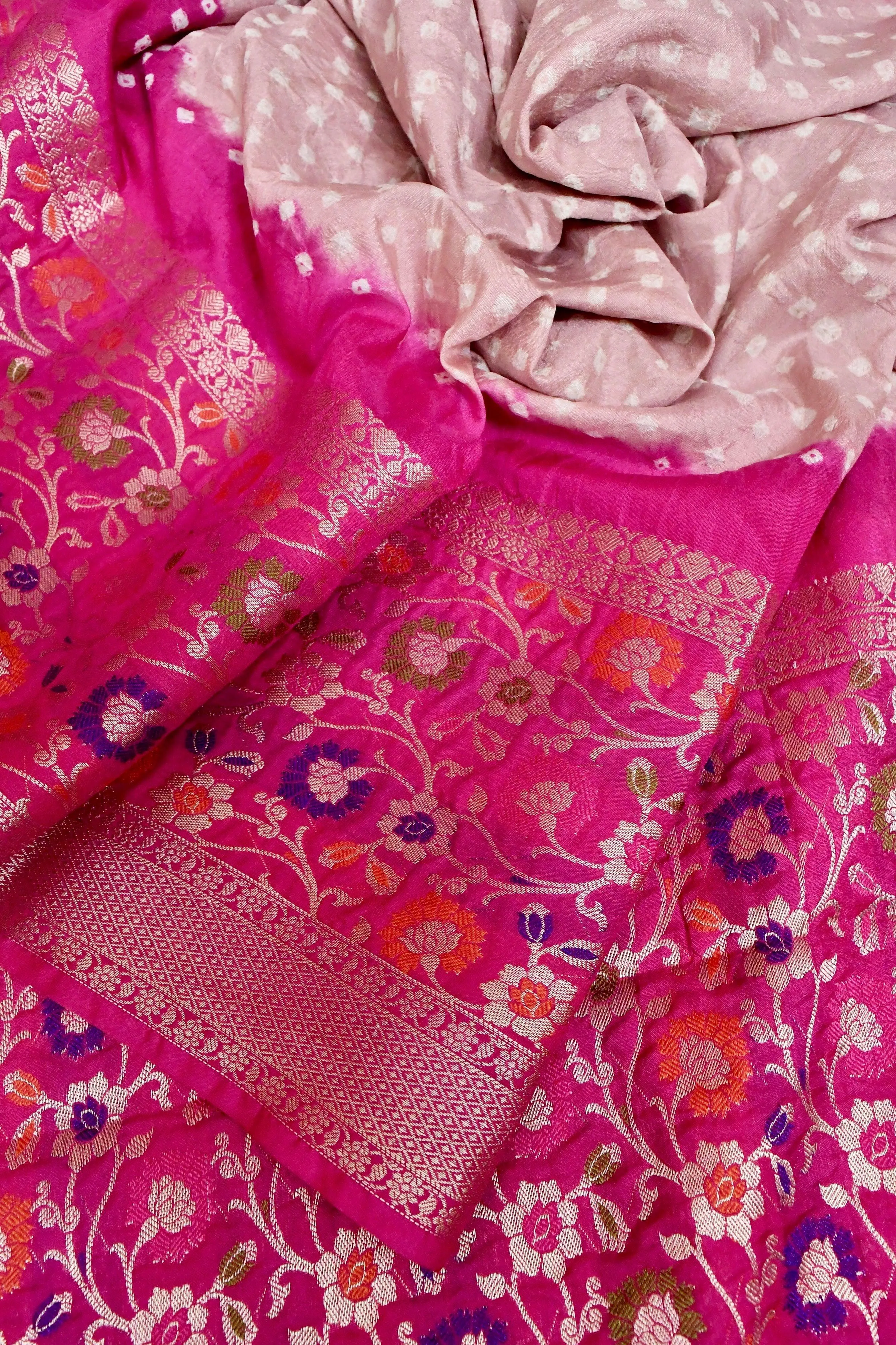 Magenta and Powder Pink Color Dupion Silk Saree with Paithani Design & Hand Bandhani Work