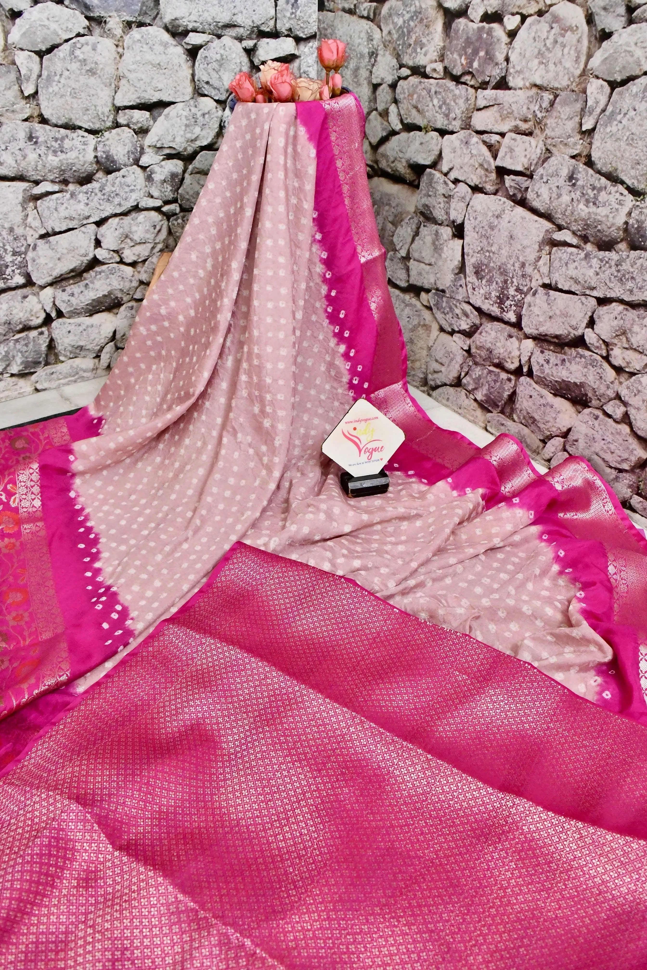 Magenta and Powder Pink Color Dupion Silk Saree with Paithani Design & Hand Bandhani Work