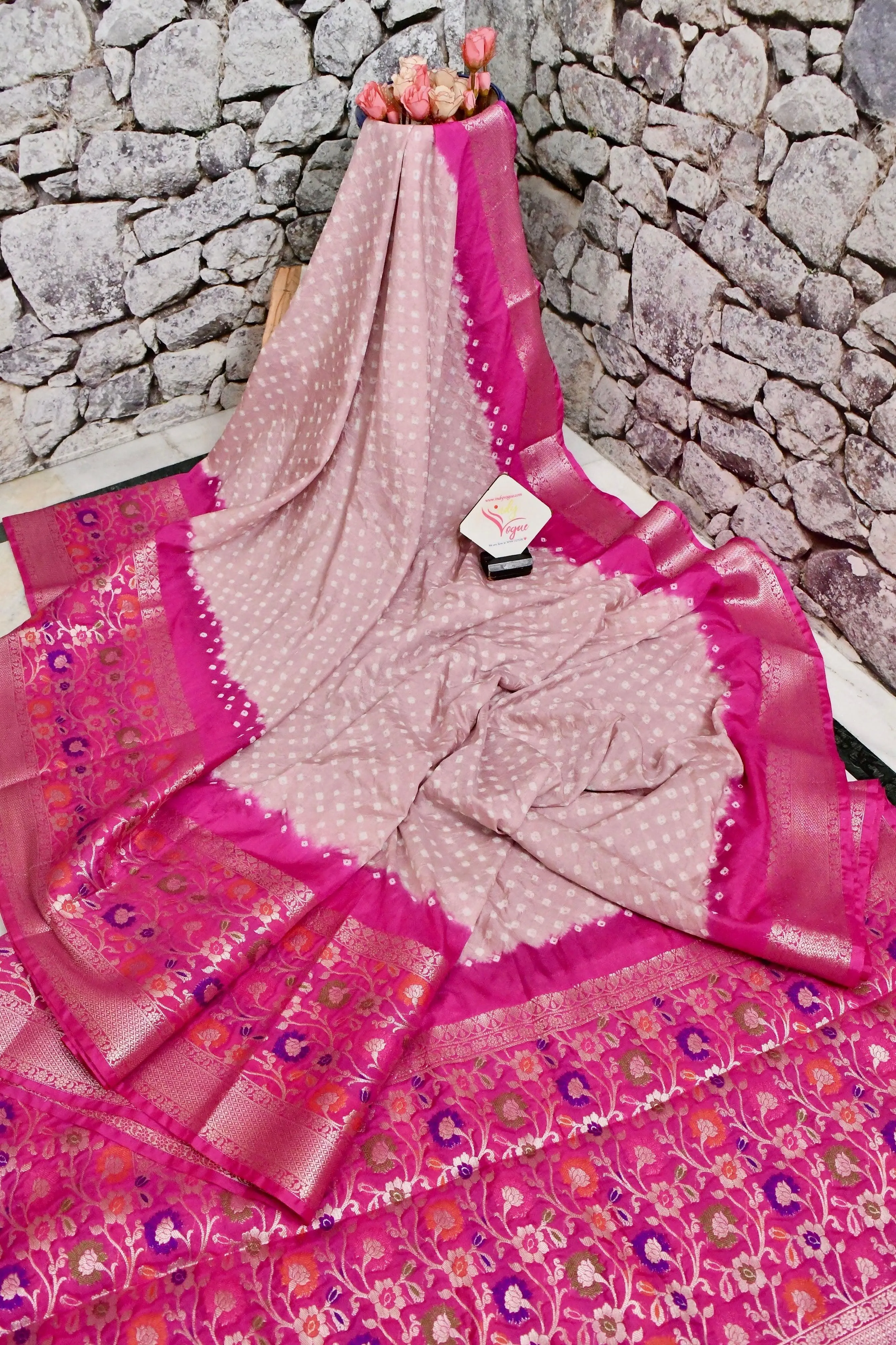 Magenta and Powder Pink Color Dupion Silk Saree with Paithani Design & Hand Bandhani Work