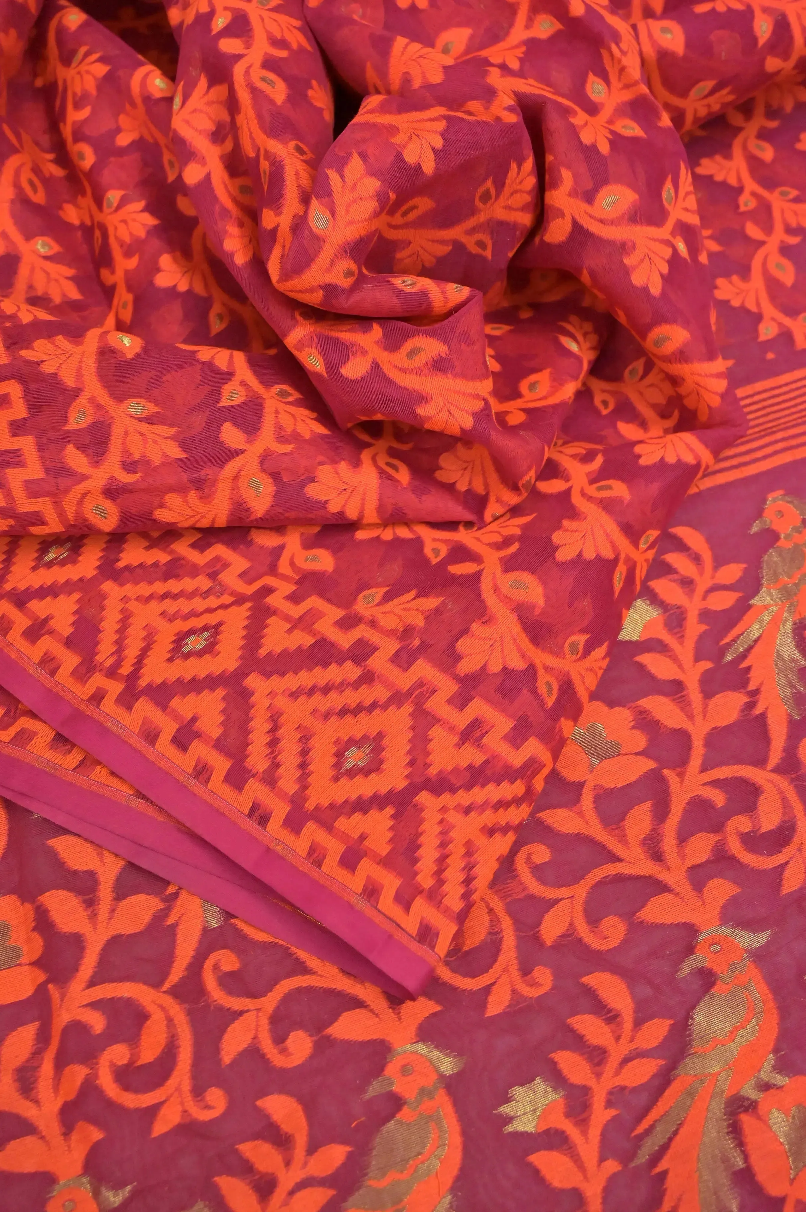 Magenta Color Jamdani Saree with Orange Color Thread Weaving Work