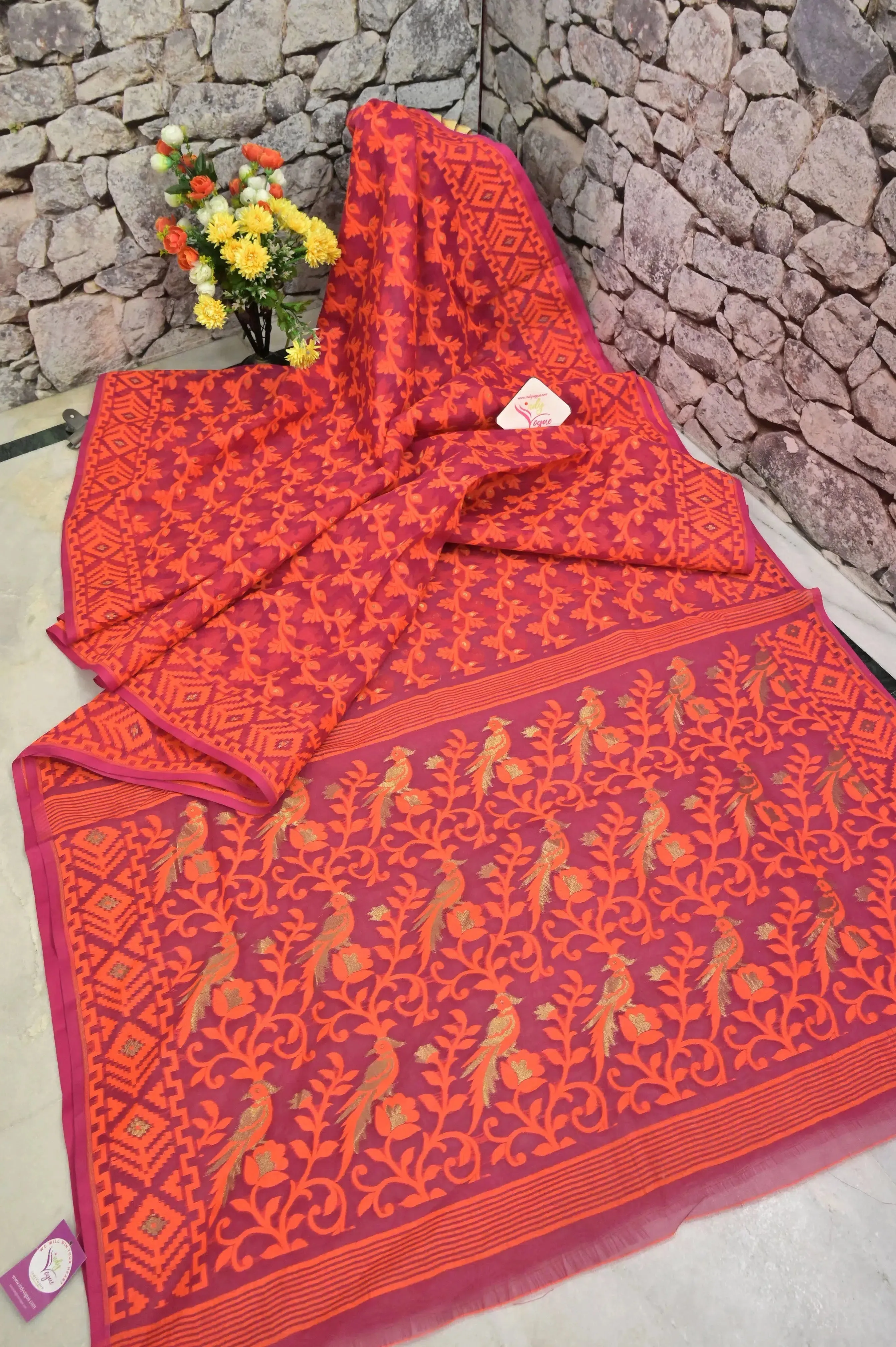 Magenta Color Jamdani Saree with Orange Color Thread Weaving Work