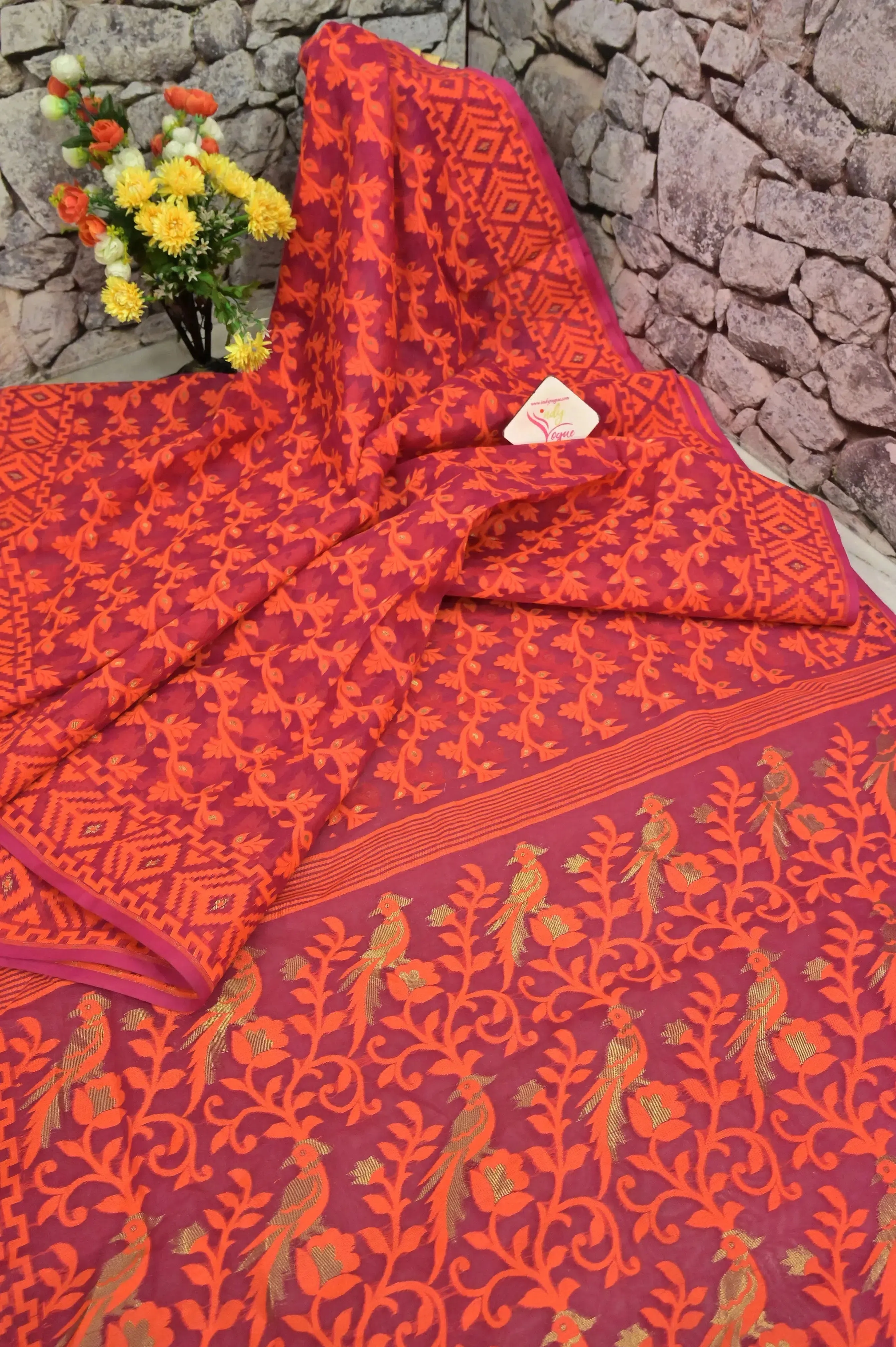 Magenta Color Jamdani Saree with Orange Color Thread Weaving Work