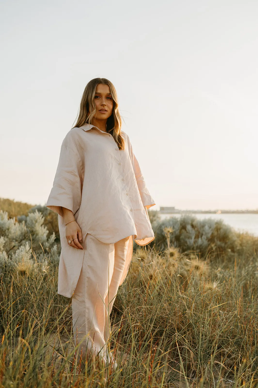 Margot Oversized Linen Shirt Dress in Dust Storm