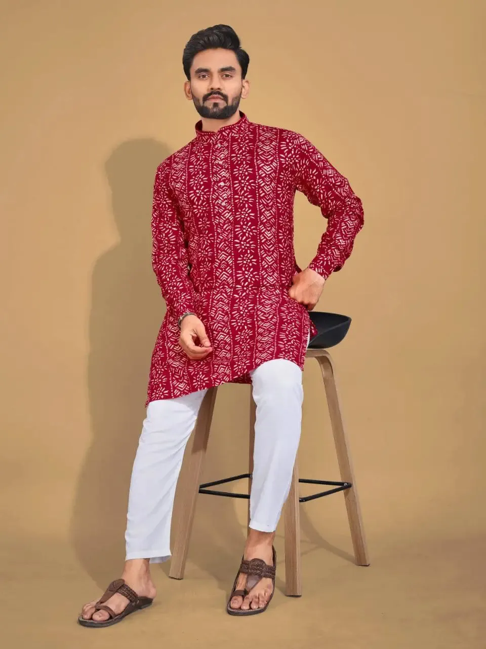 Men's Ethnic Cotton Red Kurta Pajama Set