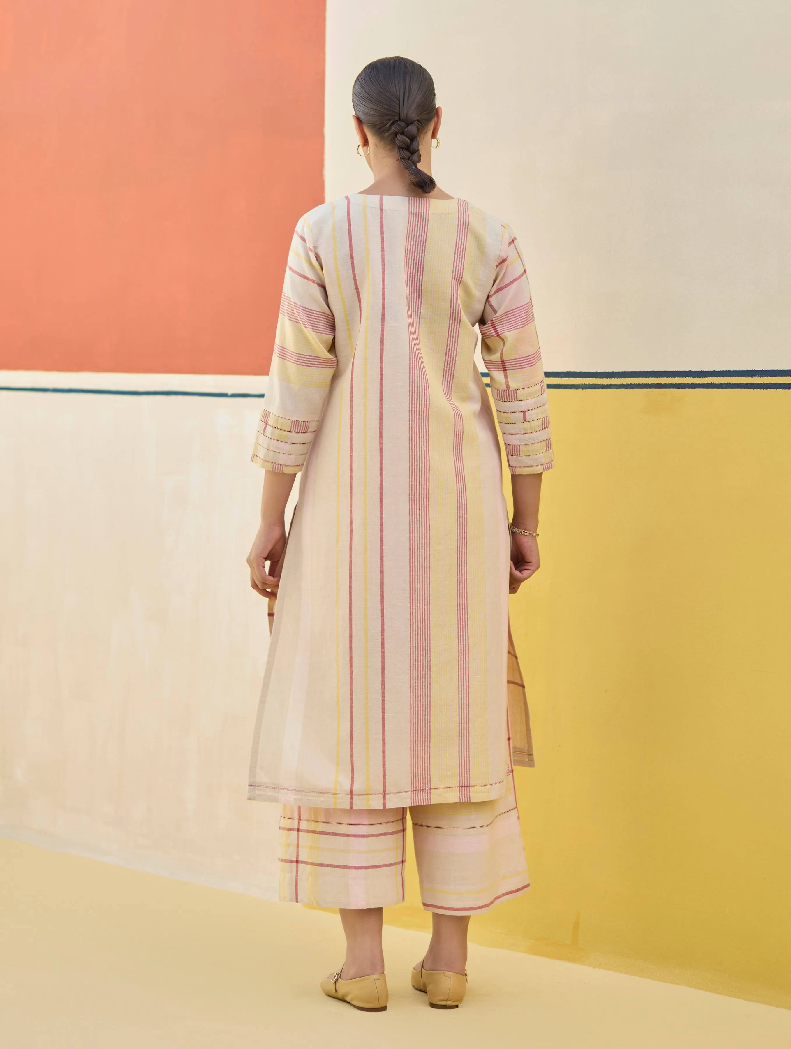 Misa Check Linen Kurta Set - Sand