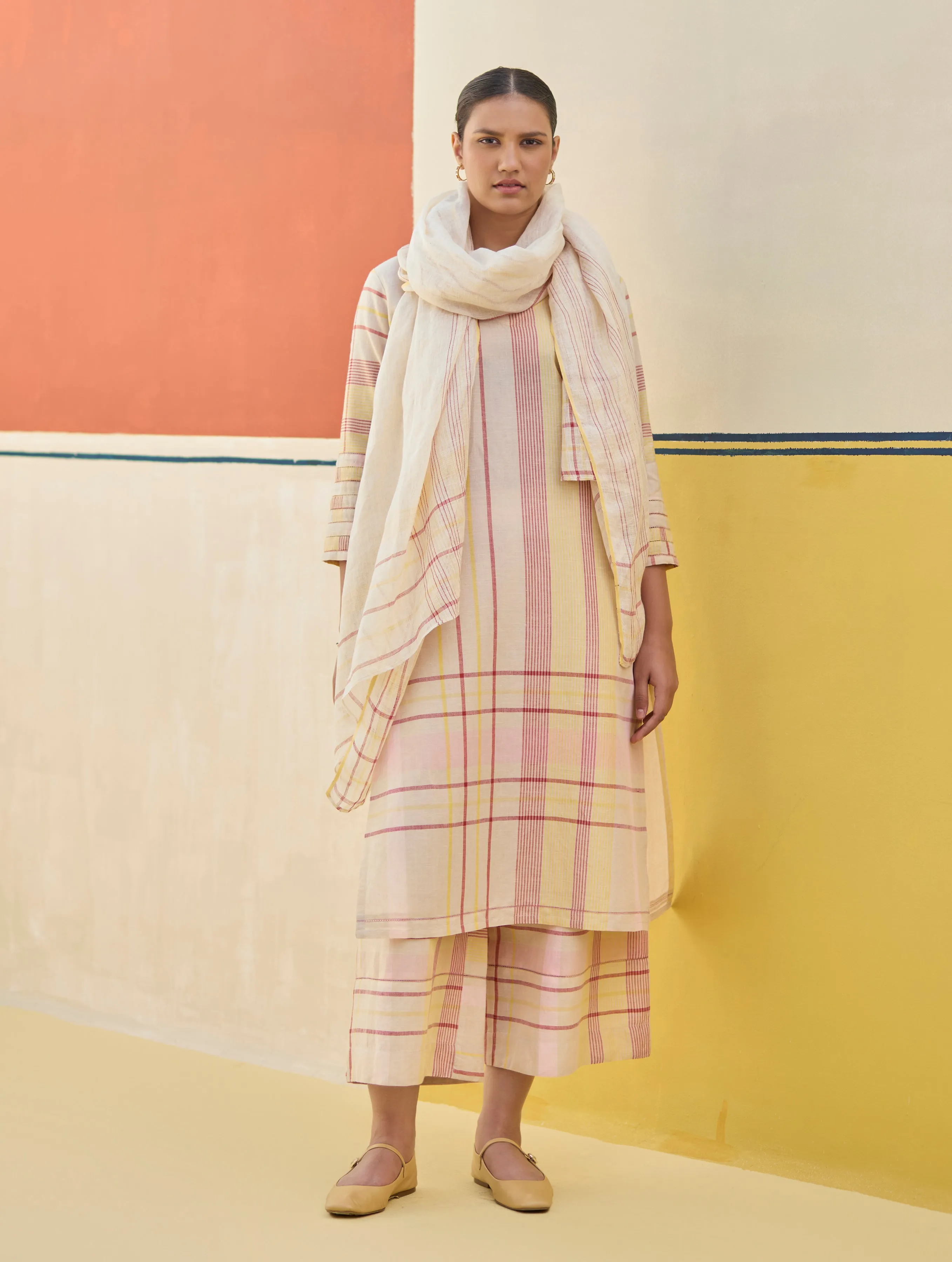 Misa Check Linen Kurta Set - Sand