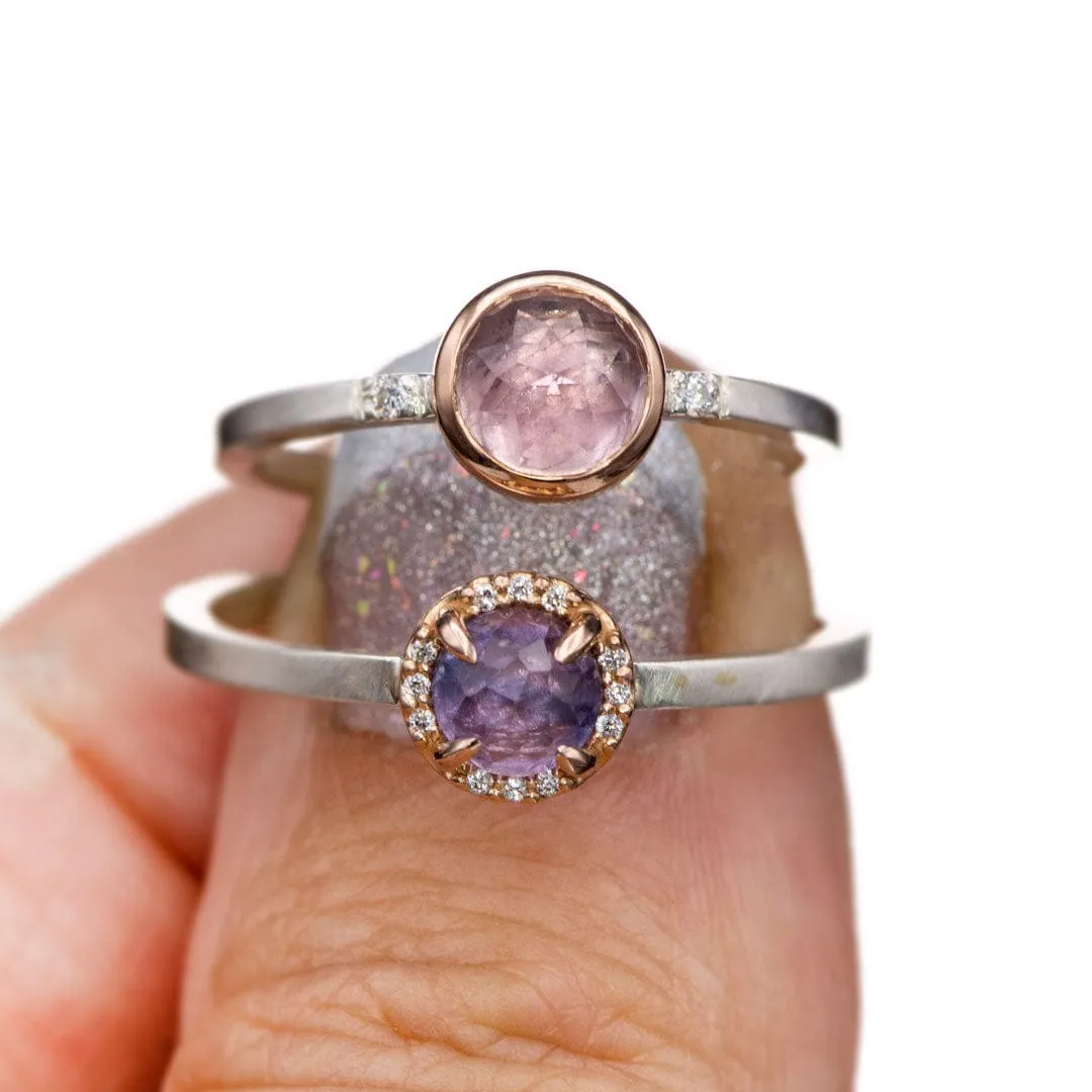 Mixed Metal Purple Rose Cut Sapphire & Diamond Rose Gold Halo Ring, Ready to ship