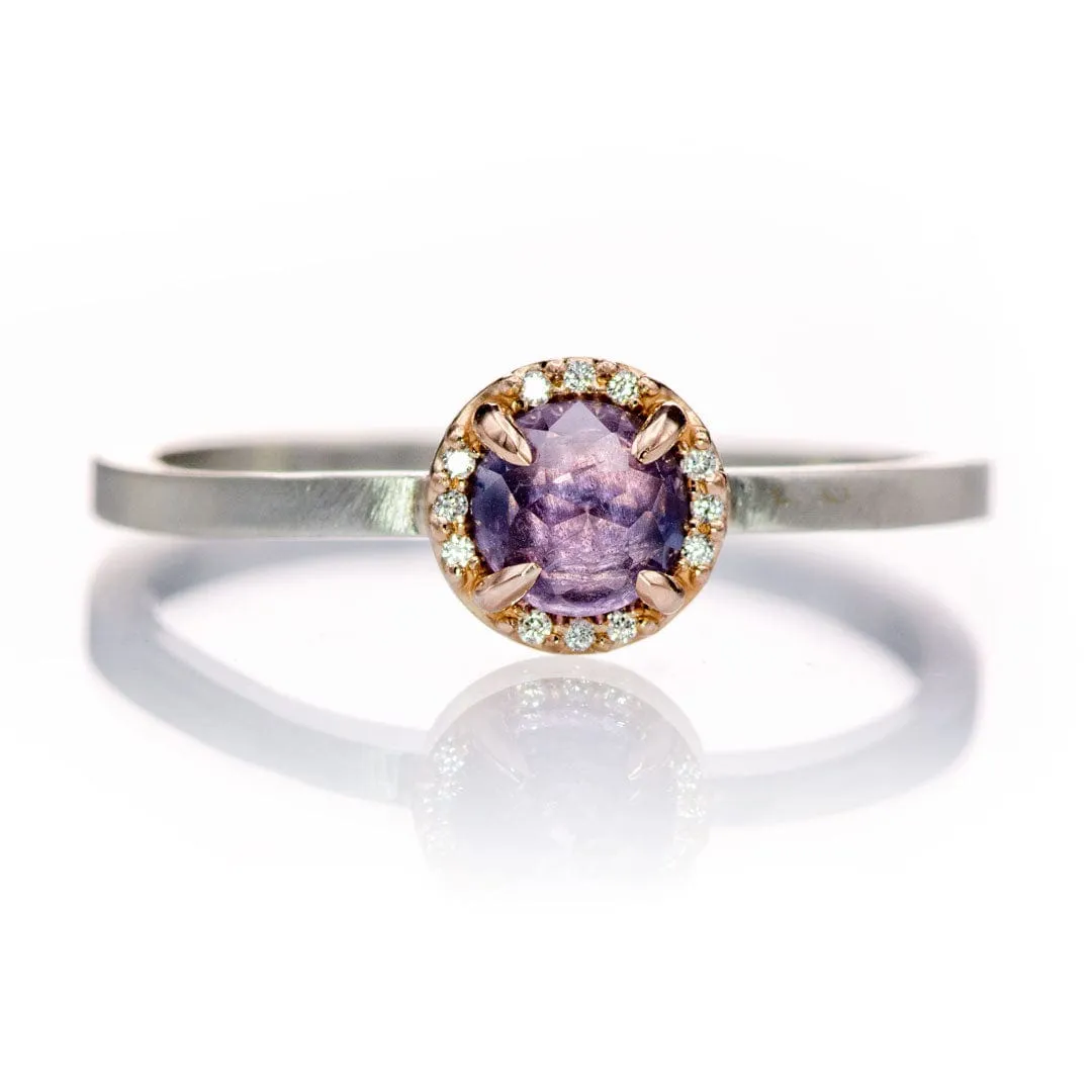 Mixed Metal Purple Rose Cut Sapphire & Diamond Rose Gold Halo Ring, Ready to ship