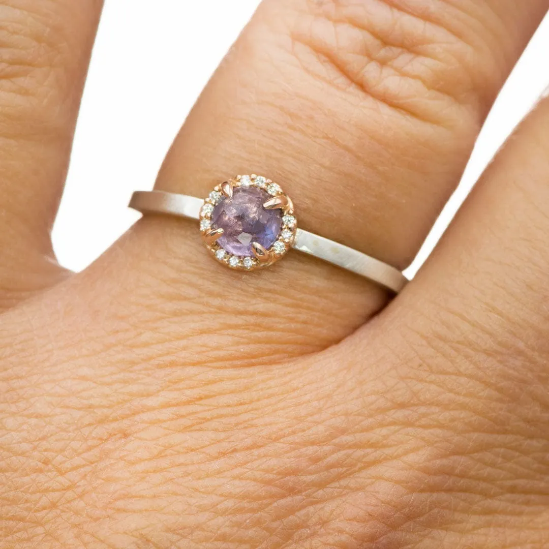 Mixed Metal Purple Rose Cut Sapphire & Diamond Rose Gold Halo Ring, Ready to ship